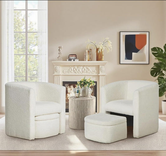 COLAMY Morden Velvet Barrel Accent Chair with Storage Ottoman Set of 2, Upholstered Living Room Side Chair, Single Sofa Armchair with Lounge Seat for Bedroom/Office/Reading Spaces, Cream