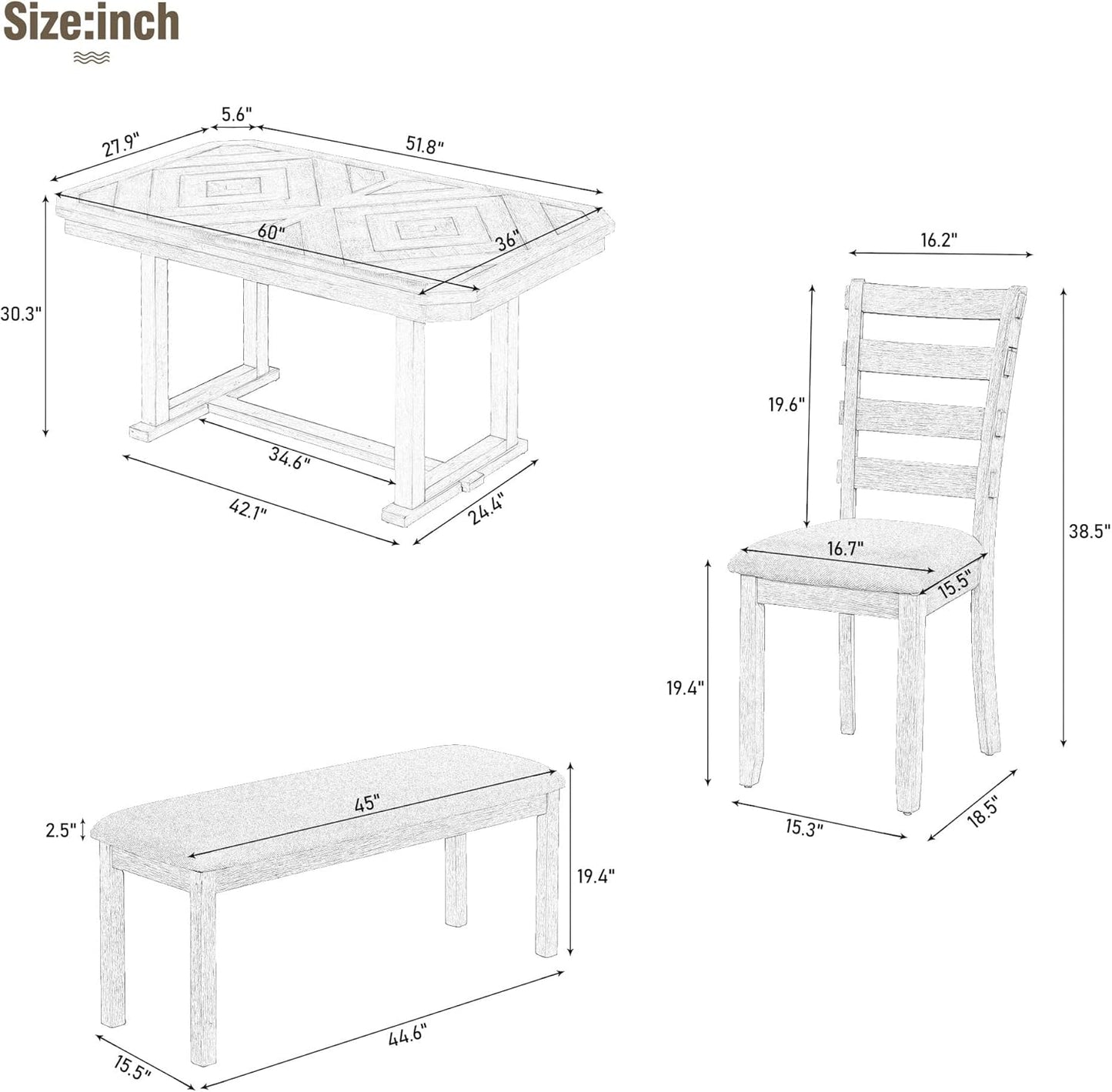 Merax 6-Piece Rubber Wood Dining Table Set with 4 Cushioned Chairs and Bench, Beautiful Wooden Grain Pattern Tabletop, Grey