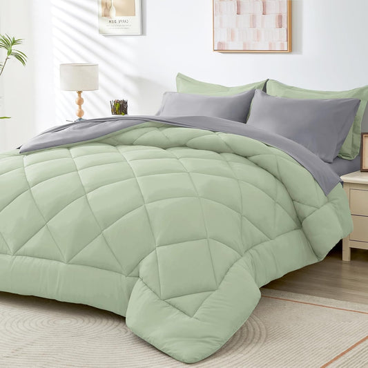 HEVUMYI Twin-XL Comforter Set - 5-Piece All Season Bed in a Bag Twin-XL, Ultra Soft Bedding Set with Comforter, Flat Sheet, Fitted Sheet, Pillowcases, Pillow Shams, Sage Green & Light Grey