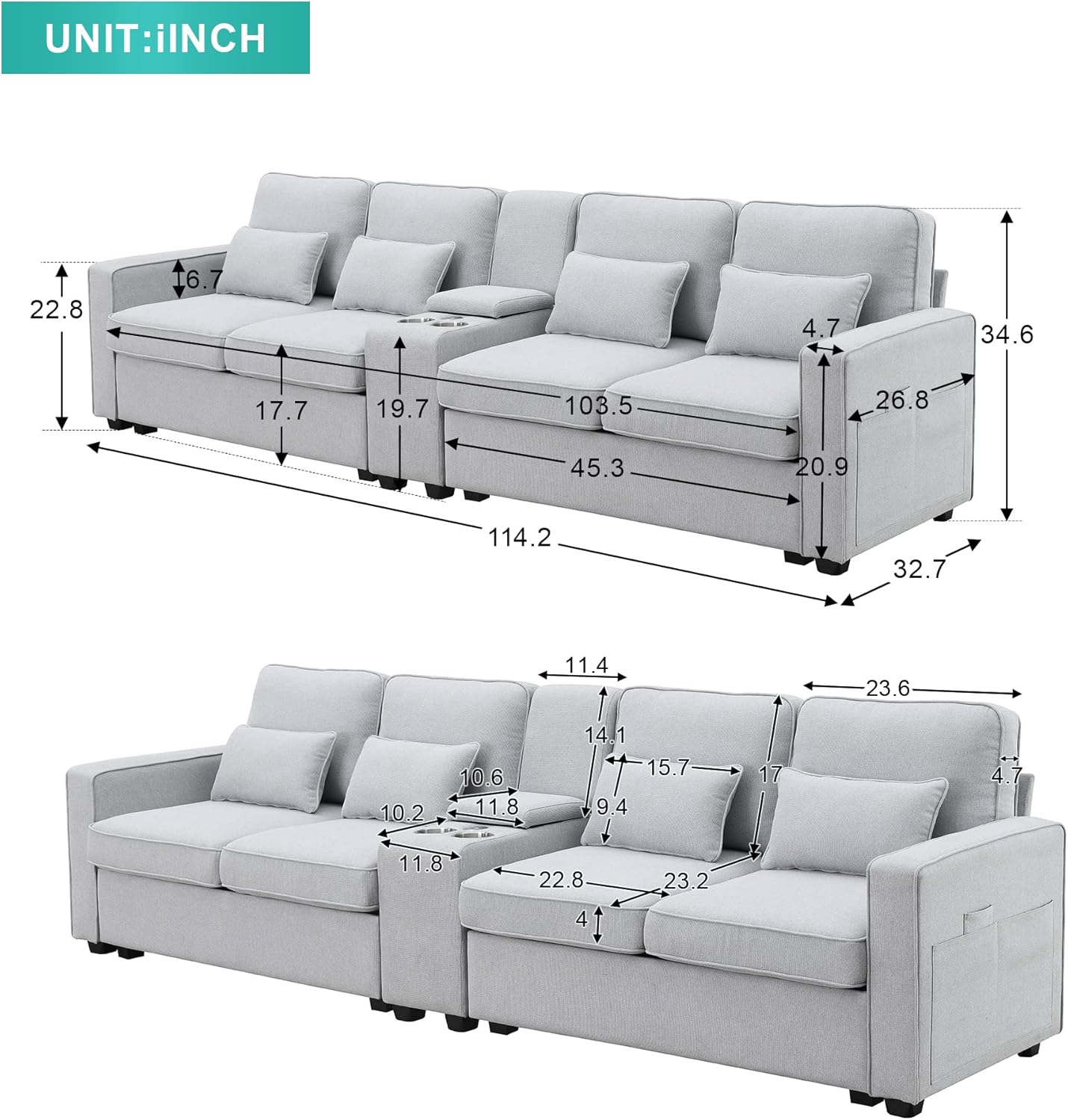 114.2" Linen Upholstered Sofa with Console and 2 USB Ports Wired or Wirelessly Charged,Modern 4-Seat Couches W/ 4 Pillows and Two Cupholders,for Living Room,Apartment,Light Gray