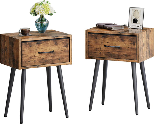 Small Nightstands Set of 2, Bedside Table with Fabric Drawer, Idustrial End Table with Metal Leg, Couch Side Table for Bedroom Living Room, Sofa, Office Rustic Brown LNT504R