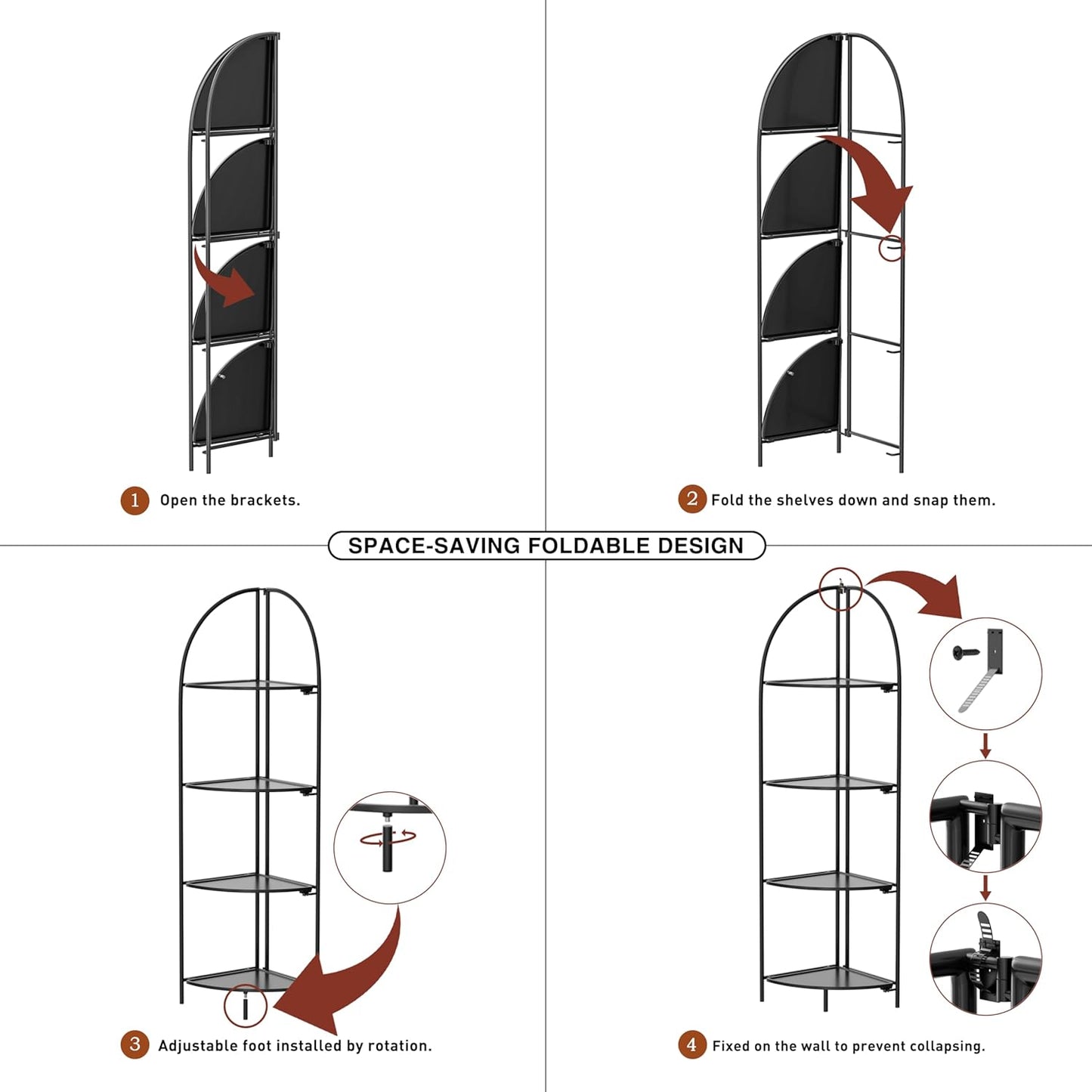 Crofy Foldable 4 Tier Corner Shelf, Metal Corner Plant Stand with Black Frame and Black Shelves, Corner Display Rack Multipurpose Shelving Unit for Living Room, Bedroom, Bathroom