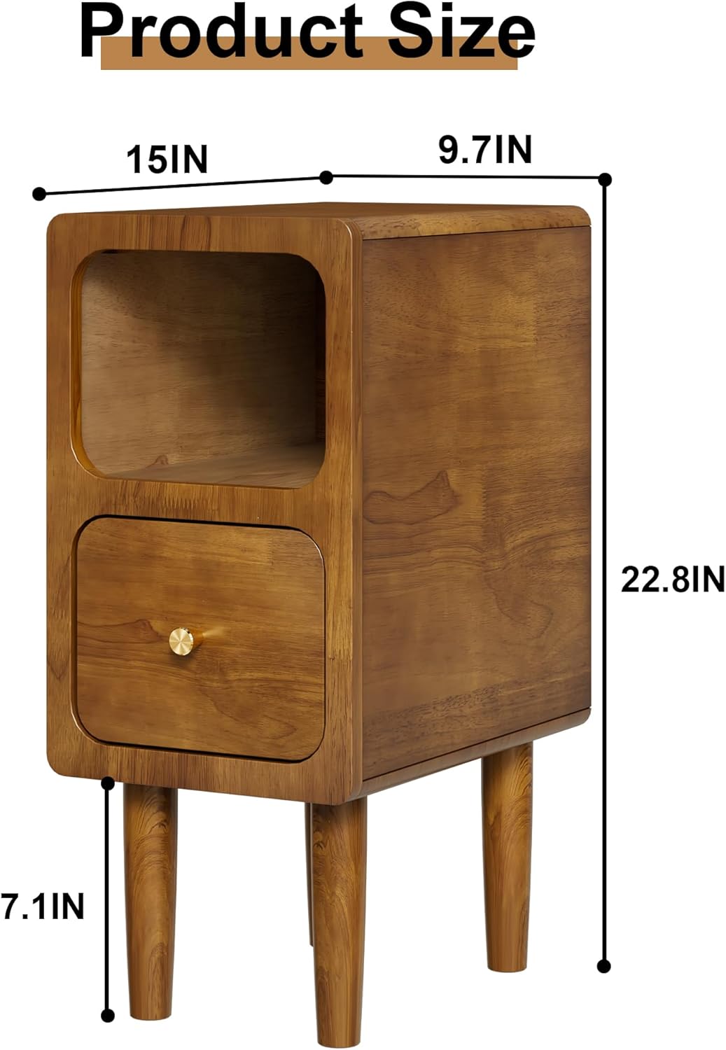 Narrow Nightstand, Solid Wood Night Stand with Drawers, Walnut Mid Century Modern Nightstand, Small Beside Table with Open Storage Shelf for Bedroom (10 inch)