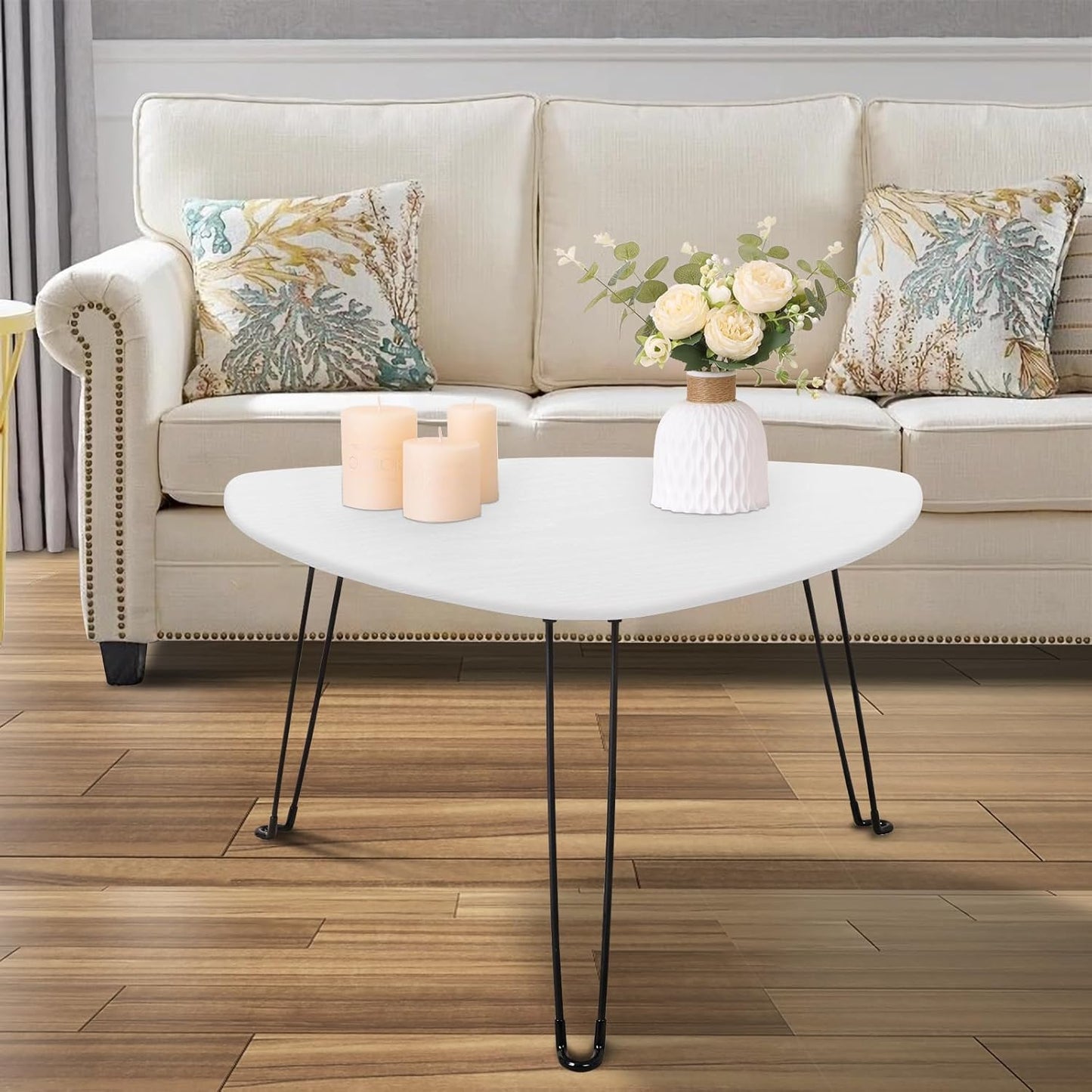 Coffee Table for Small Spaces White Folding Wooden Triangle Center Sofa Tables Simple Design Droplet Coffee Table with Steel Legs Modern Accent Furniture for Living Room Home Office