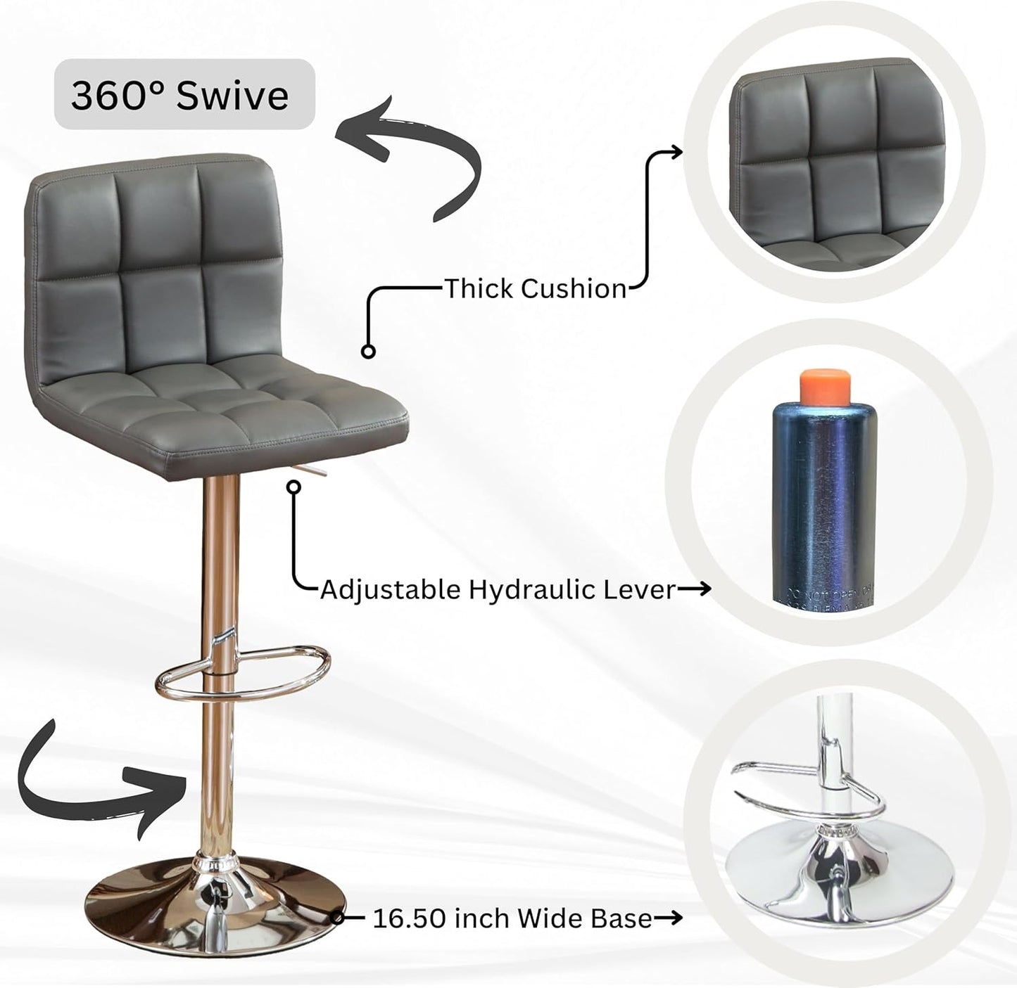 Roundhill Furniture Swivel Leather Adjustable Hydraulic Bar Stool, Set of 2, Gray