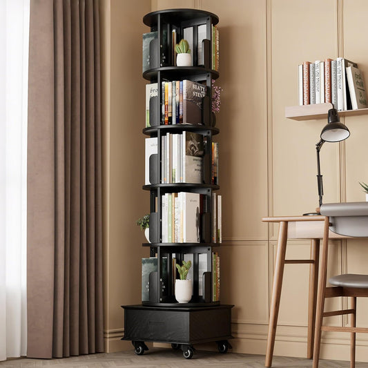 Solid Wood Rotating Bookshelf Tower on Wheels, 5-Tier Spinning Bookcase with Drawer, 72" Floor Standing Revolving Bookshelf, Rotating Bookcase for Small Space, Black