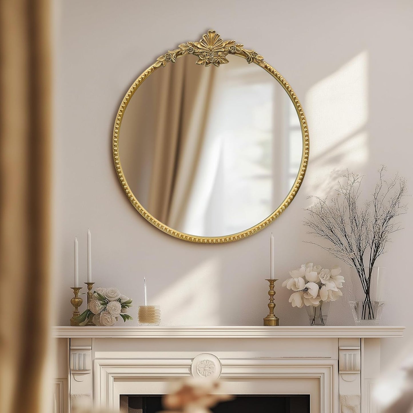 Round Gold Mirror,28inch Baroque Style Vintage Decorative Circle Wall Mirror for Living Room, Bedroom, Bathroom, and Entryway,Antique Gold
