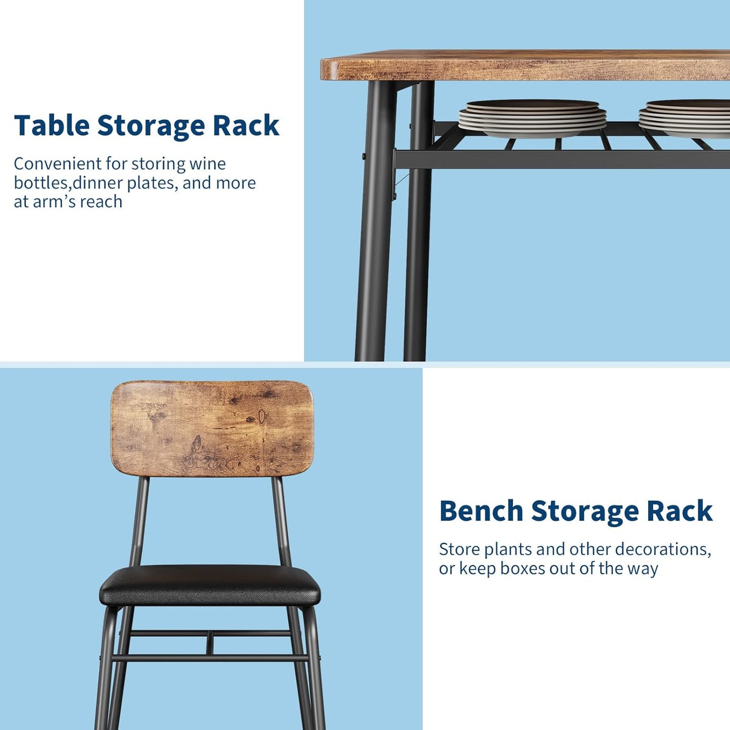 IDEALHOUSE 3-Piece Dining Table Set for 2 with Storage Rack, Wood Kitchen Table with Upholstered Chairs Set of 2, Small Square Table Set with Metal Legs Support, for Dining Room,Living Room