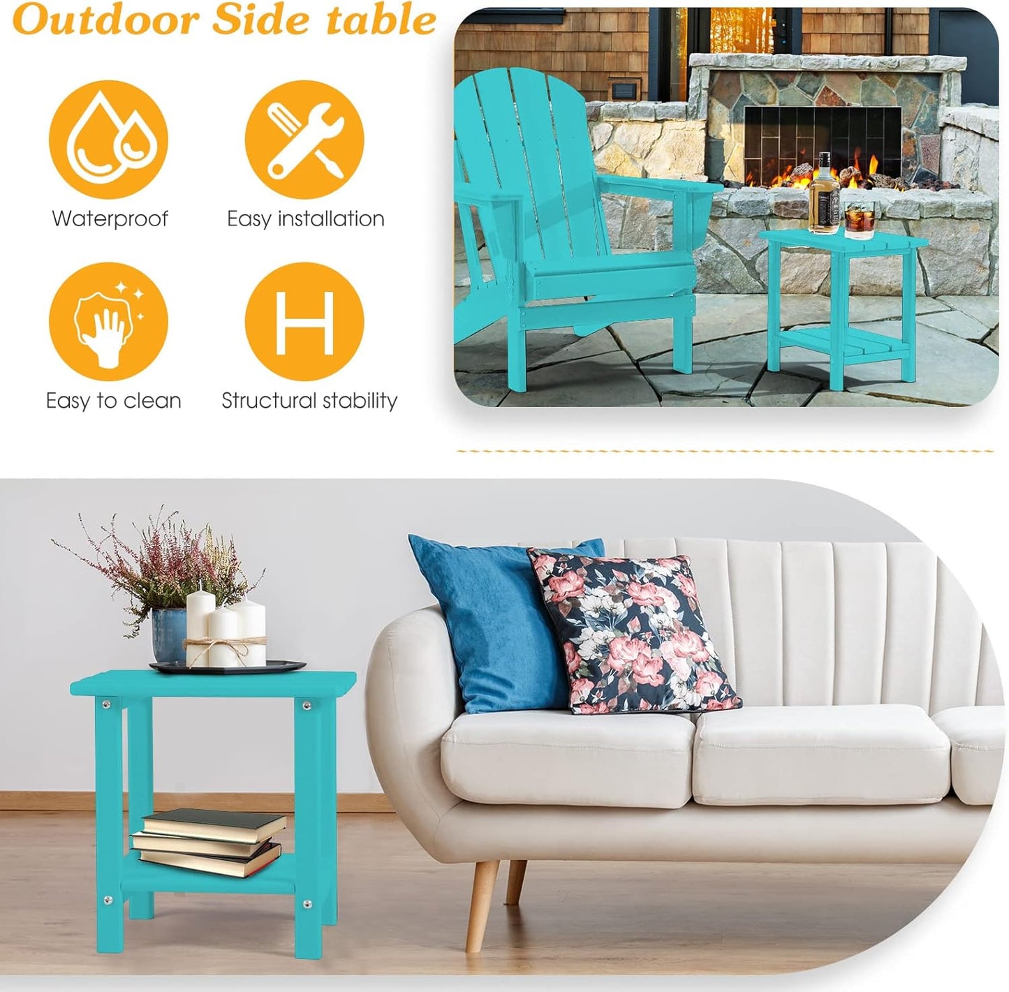 Adirondack Outdoor Side Table, 2-Tier Sturdy Patio End Table Weather Resistant, 16.5" Solid Side Table for Patio, Pool, Porch