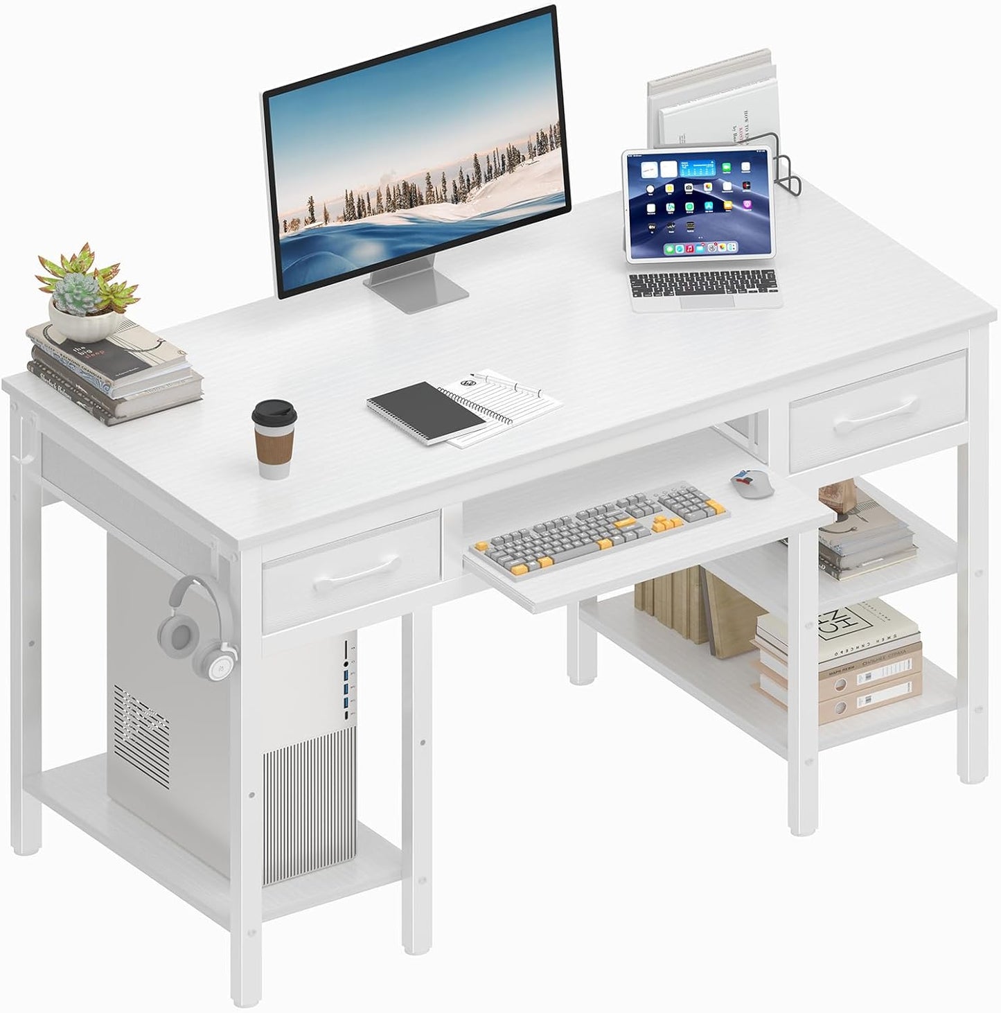 Lufeiya White Desk with Keyboard Tray Slide Out, 47 Inch Home Office Computer Desks with Fabric Drawers & Storage Shelves, Modern Simple Study Writing Table PC Desks for Bedroom, White