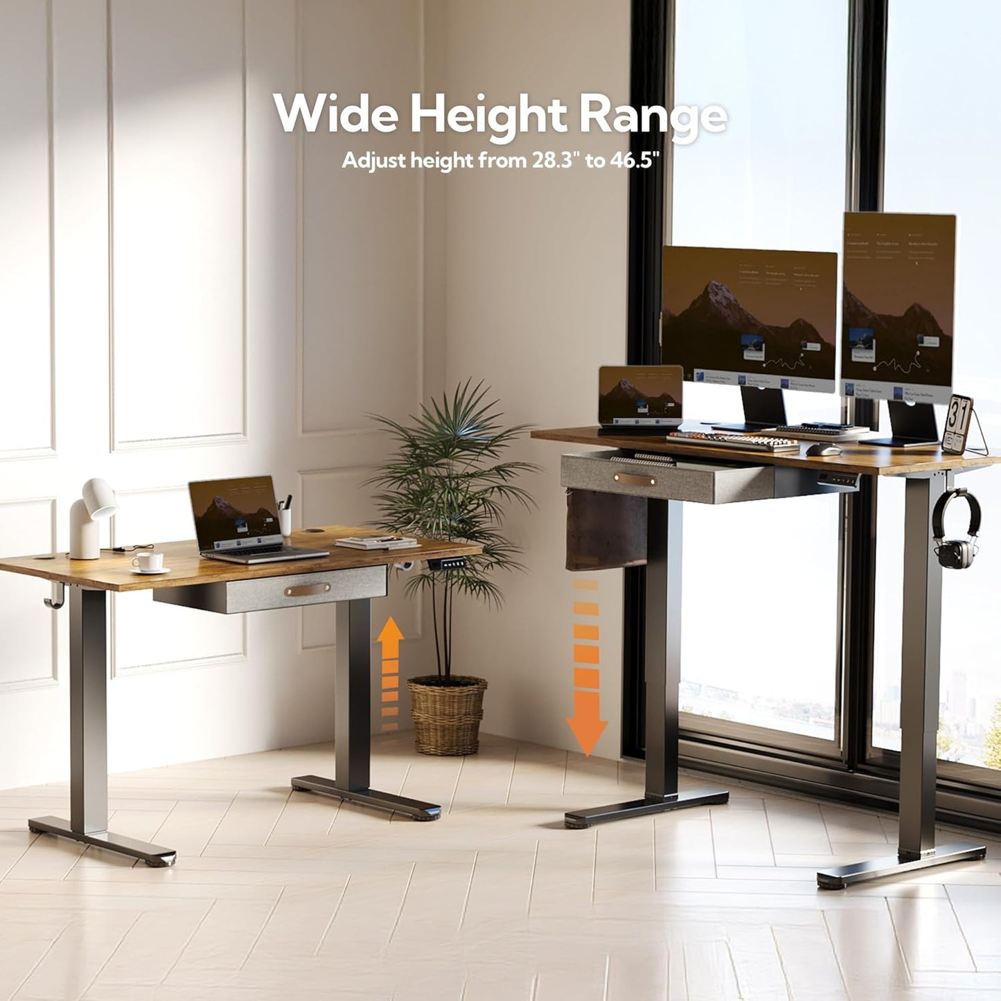 Seang Standing Desk with Drawer, 40" x 24" Height Adjustable Stand Up Desk, 3 Memory Height Settings with Cable Grommets & Storage Hooks, Ideal for Home & Office, Rustic Brown