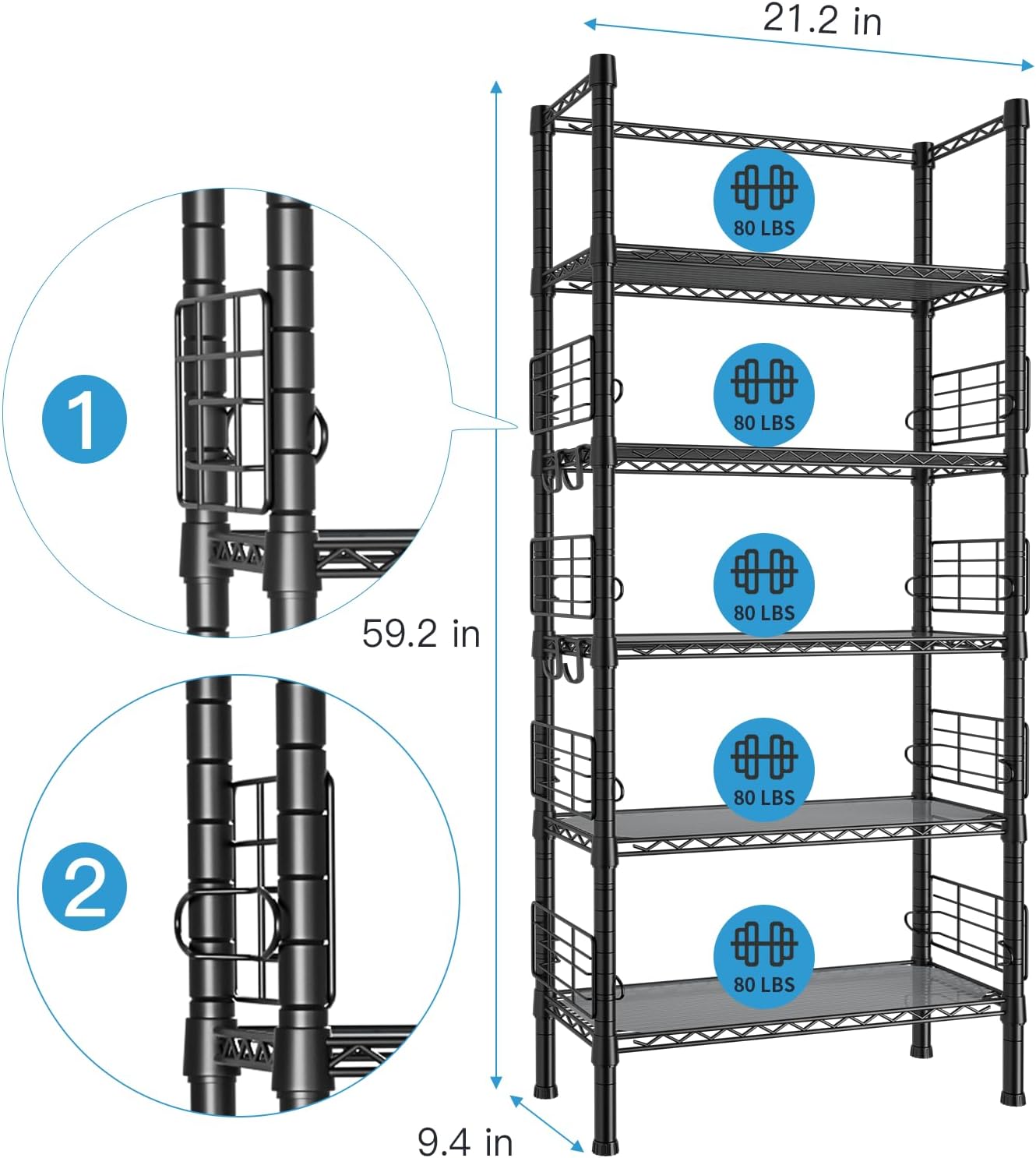 Metal Storage Rack, Storage Organizer Shelves for Kitchen, Bathroom, Living Room, Balcony and Garage, 5 Tiers Narrow Bookshelf, 21.2" W x 9.4" D x 59.2" H, Load 400lbs, Black