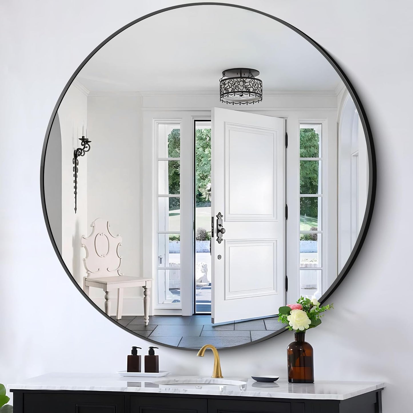 Black Round Mirror, 48" Wall Mounted Aluminum Alloy Frame - Large Round Mirror for Bathroom, Entryway, Living Room