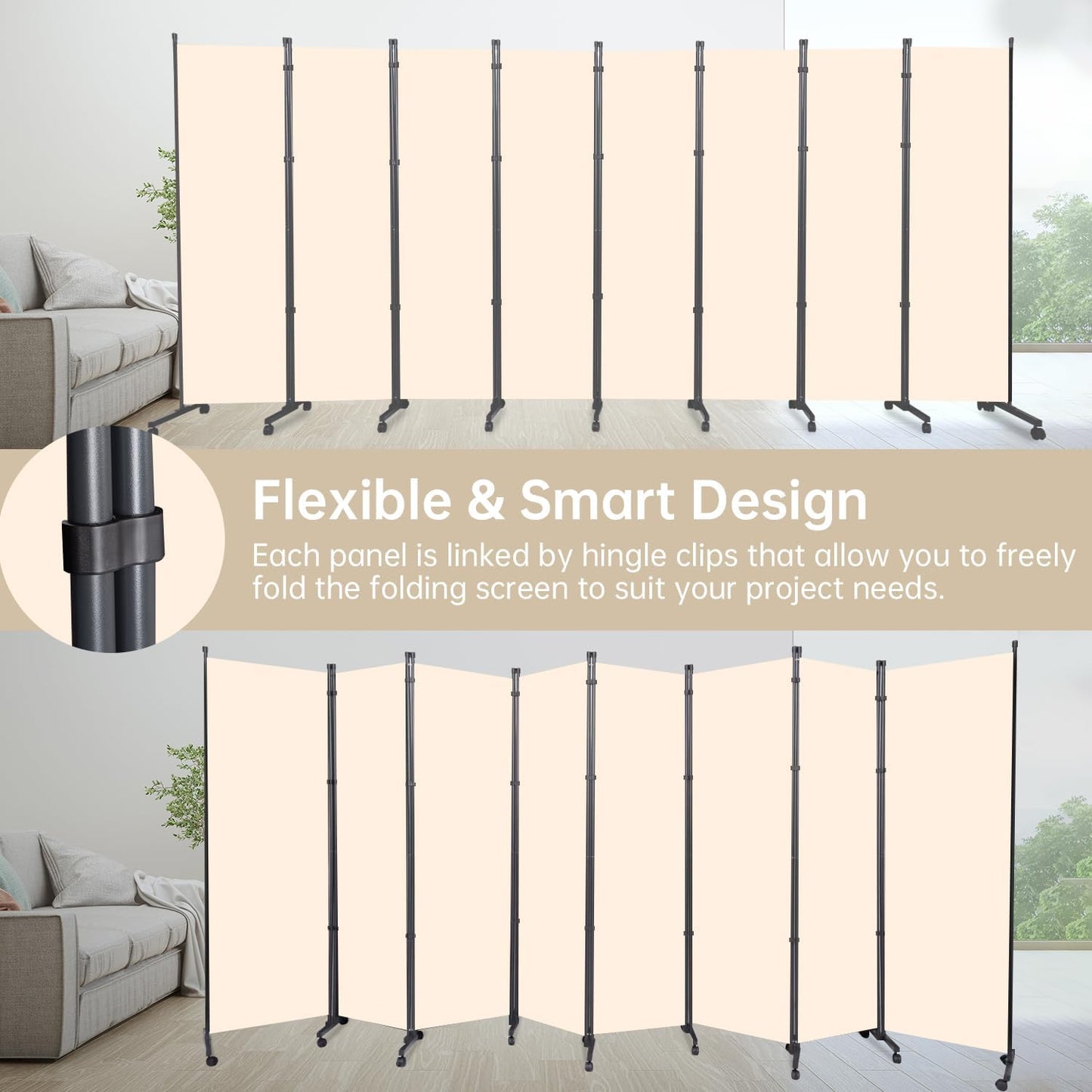 Room Divider 8 Panel Room Dividers/Wheels, Fabric Room Divider Panel for Office Room Partitions and Dividers, Portable Partition Wall Divider for Room Separation, Flexible Privacy Screen Indoor
