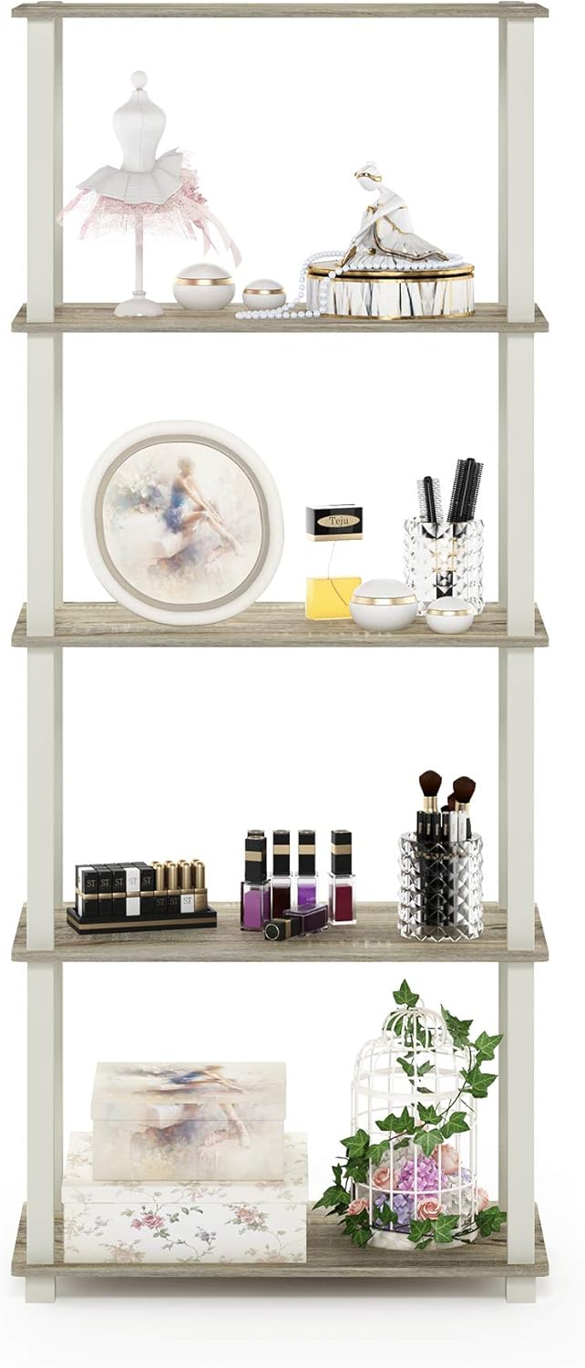 Furinno Turn-N-Tube 5-Tier Multipurpose Shelf / Display Rack / Storage Shelf / Bookshelf, Square Tubes, Sonoma Oak/White