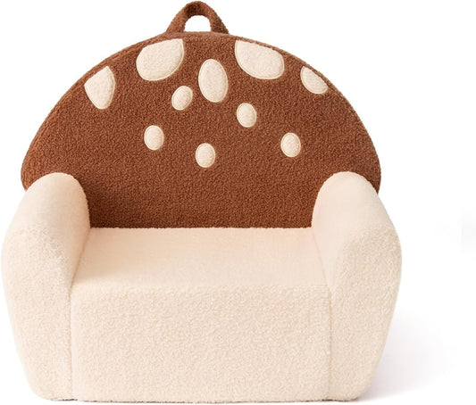 Blissful Diary Toddler Chair Comfy, Foam Kids Chair with Soft Teddy Plush, Toddler Reading Armchair with Cute Mushroom Designs- Brown