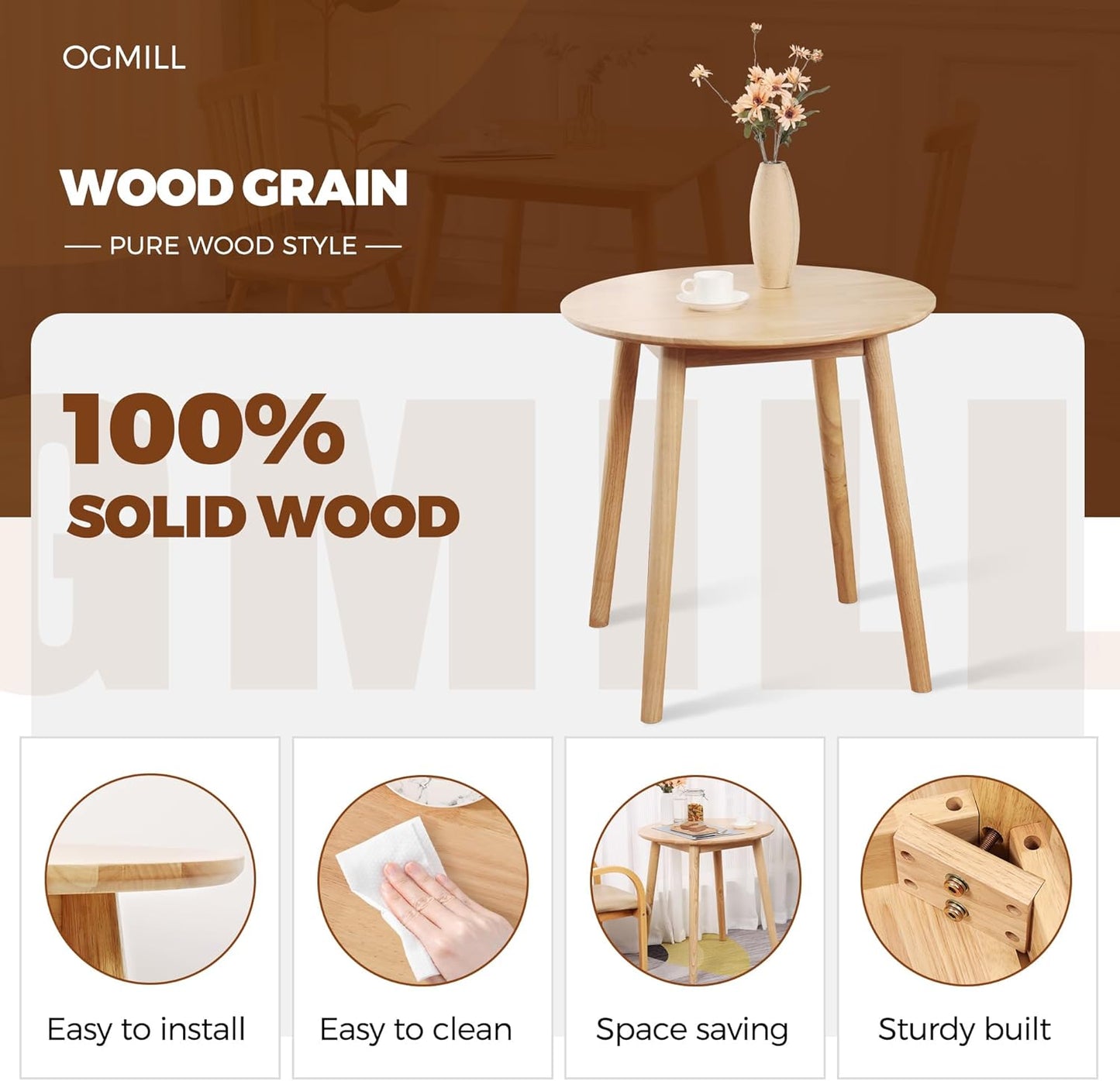 28.3" Small Round Dining Table for 2,Wooden Space-Saving Kitchen Dinner Table Rustic Wood Dining Table Mid Century Modern Kitchen Table