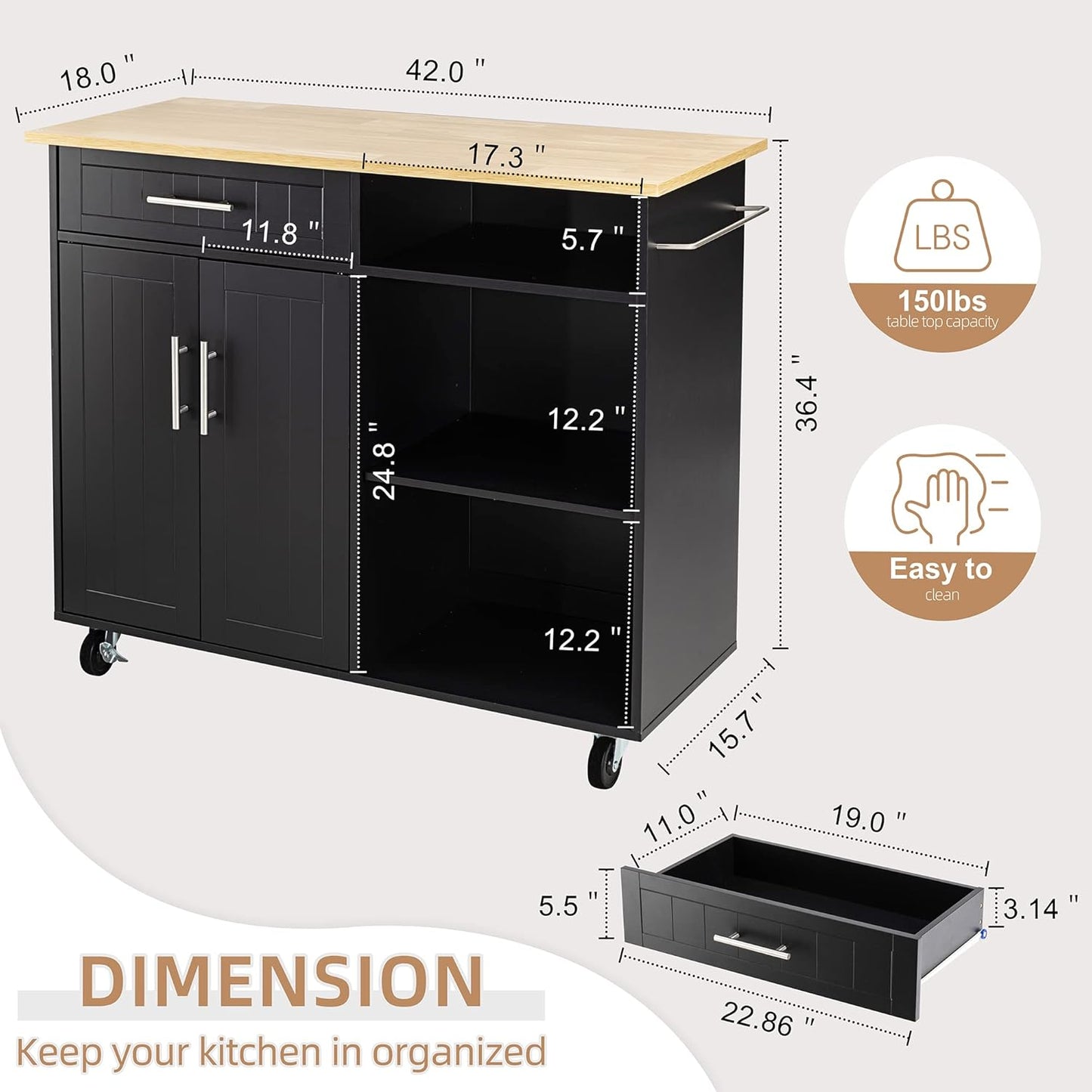 Shintenchi Kitchen Island Cart with Storage,Rolling Kitchen Island Side Table on Wheels with Large Worktop,Storage Cabinet,Towel Rack and Drawers for Kitchen,Dinning Room,Black