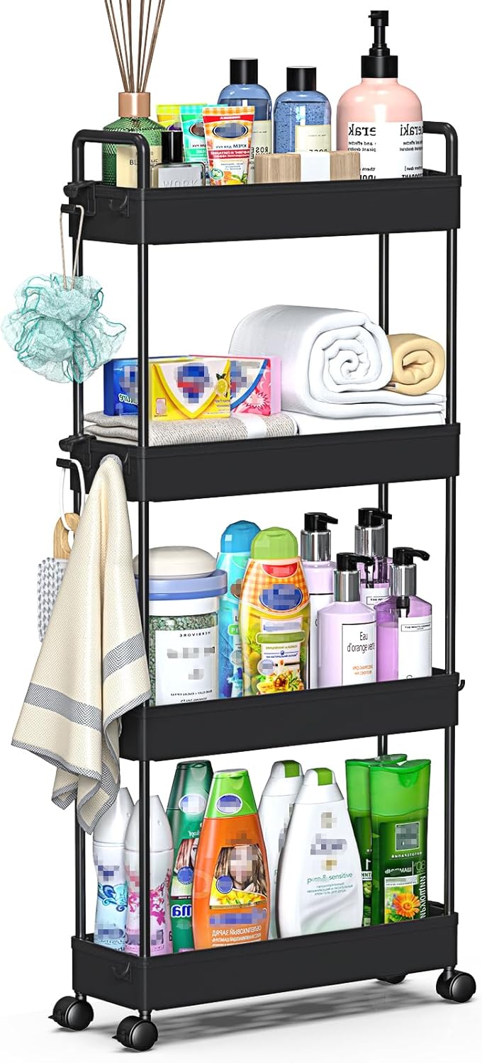 SOLEJAZZ Slim Rolling Storage Cart with Wheels 4 Tier Skinny Bathroom Storage Organizer Narrow Shelf Unit Thin Laundry Room Utility Cart for Bedside Kitchen Office Next to Fridge Small Places, Black