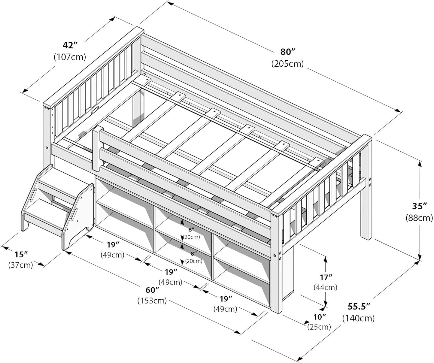 Max & Lily Soren Ultra Low Loft Bed, Twin Bed Frame for Kids with Bookcase, White
