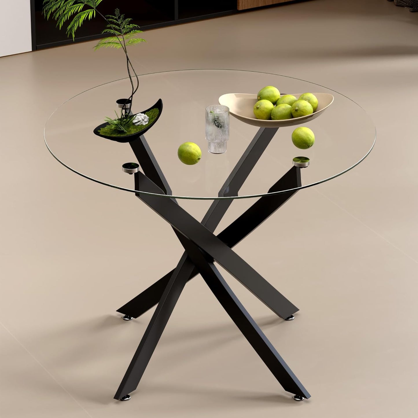 Glass Dining Table Modern Kitchen Table with Black Metal Legs 36 Inch Small Round Dining Table for Apartment Kitchen Dining Room