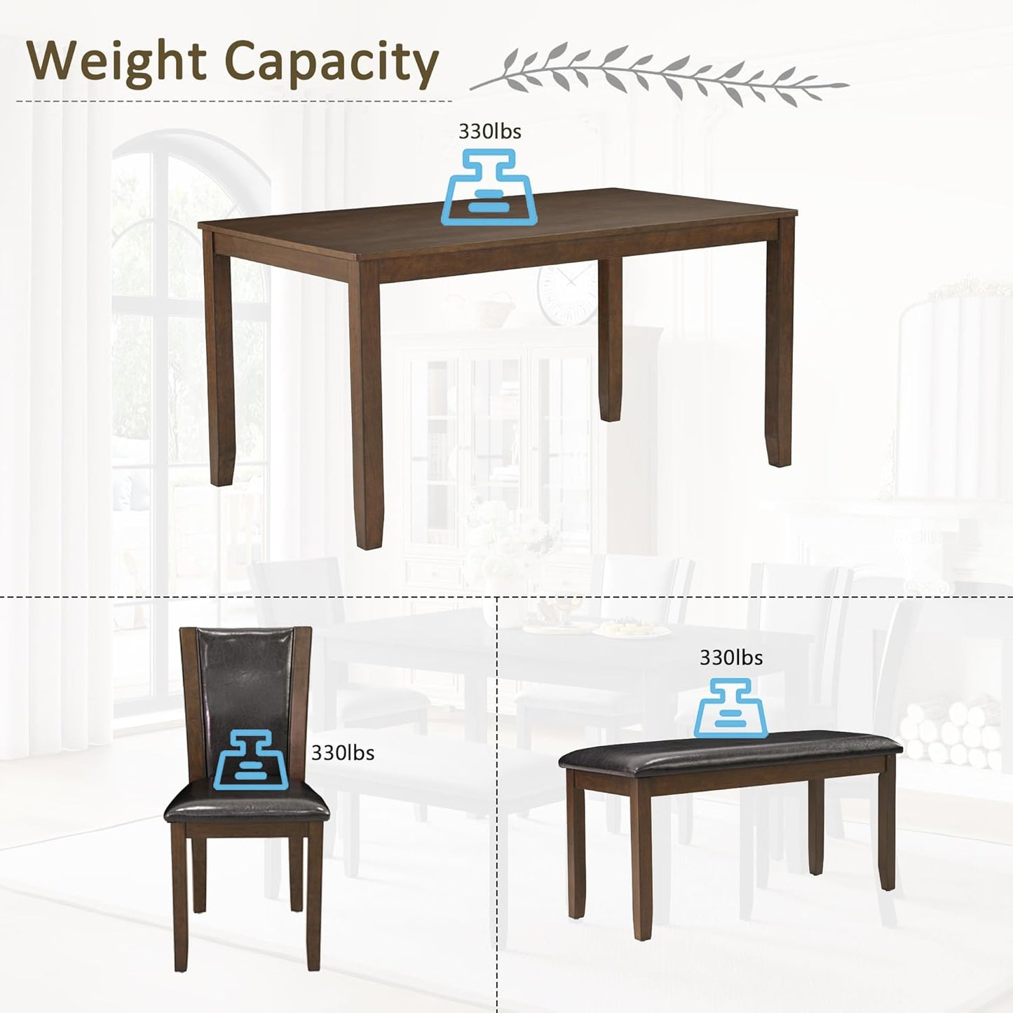 Ball & Cast 6 Piece Dining Table Set with 4 Upholstered Chairs & 1 Bench,Farmhouse Wooden Living Room Furniture for 6 W/ 58.5" Rectangle Kitchen Desk,for Restaurant,Home Bistro,Dining Room,Dark Walnut