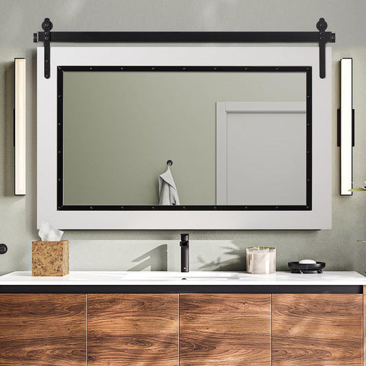YOSHOOT Farmhouse Barn Door Mirror, 48"x30" Rustic Bathroom Mirror, Wood Frame Wall Mirror, Wooden Mirror for Living Room Bedroom Entryway Wall Décor, Horizontal Hanging ONLY