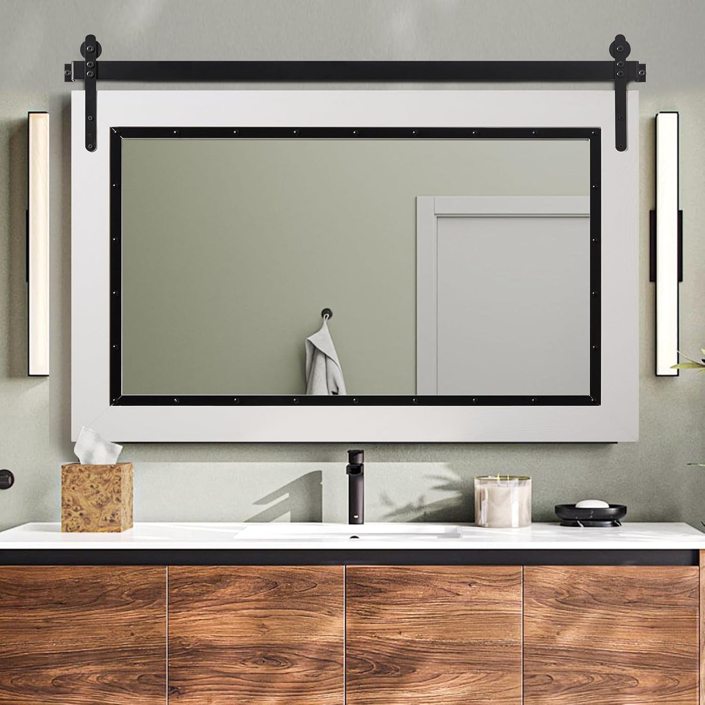 YOSHOOT Farmhouse Barn Door Mirror, 40"x26" Rustic Bathroom Mirror, Wood Frame Wall Mirror, Wooden Mirror for Living Room Bedroom Entryway Wall Décor, Horizontal Hanging ONLY