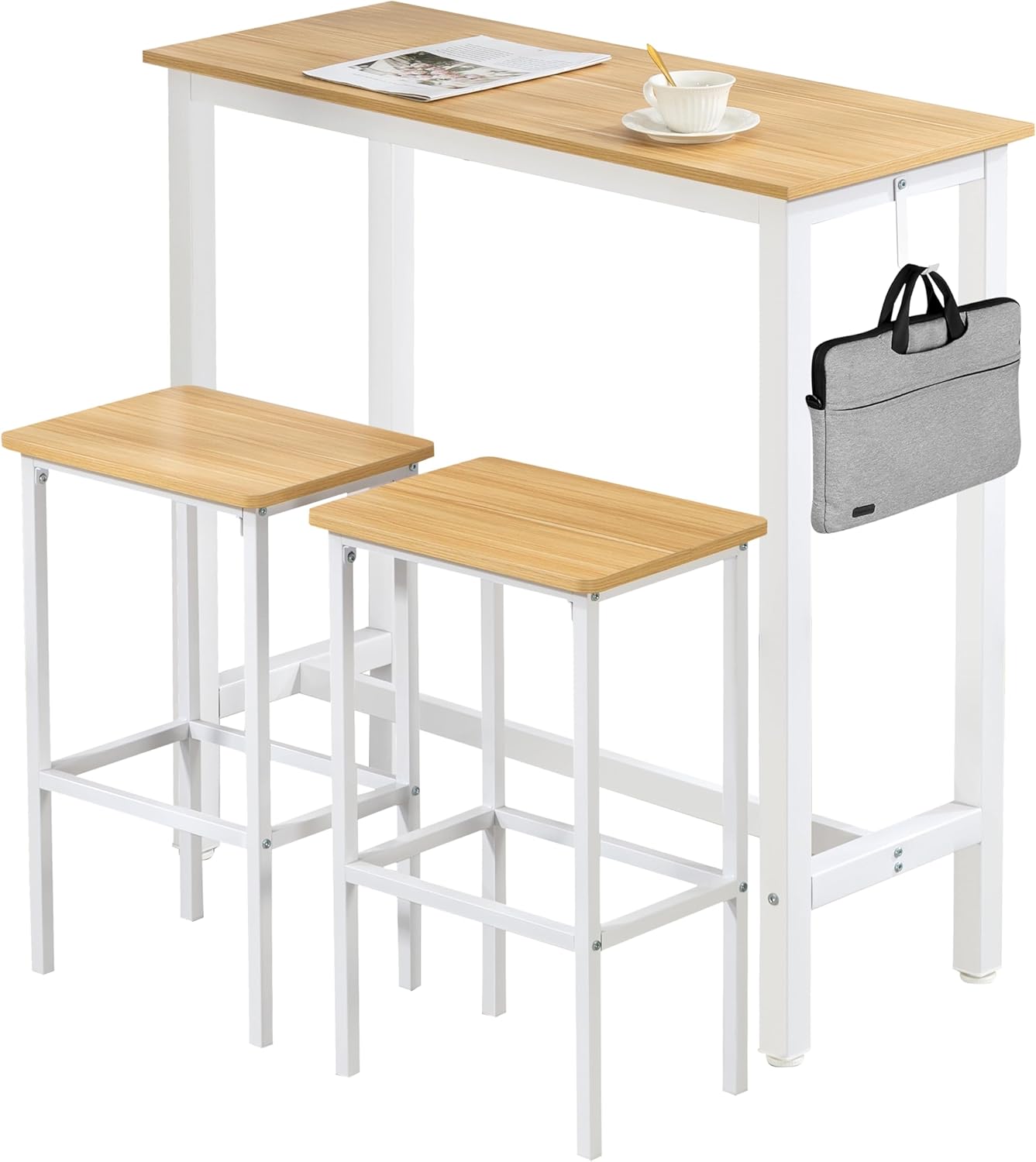 Finnhomy Bar Table Set, 39.3" Pub Table High Top Table, Rectangular Bar Height Table, Bar Table with Stools, Kitchen Table Set for 2, Breakfast for Kitchen, Living Room, Oak Beige and White