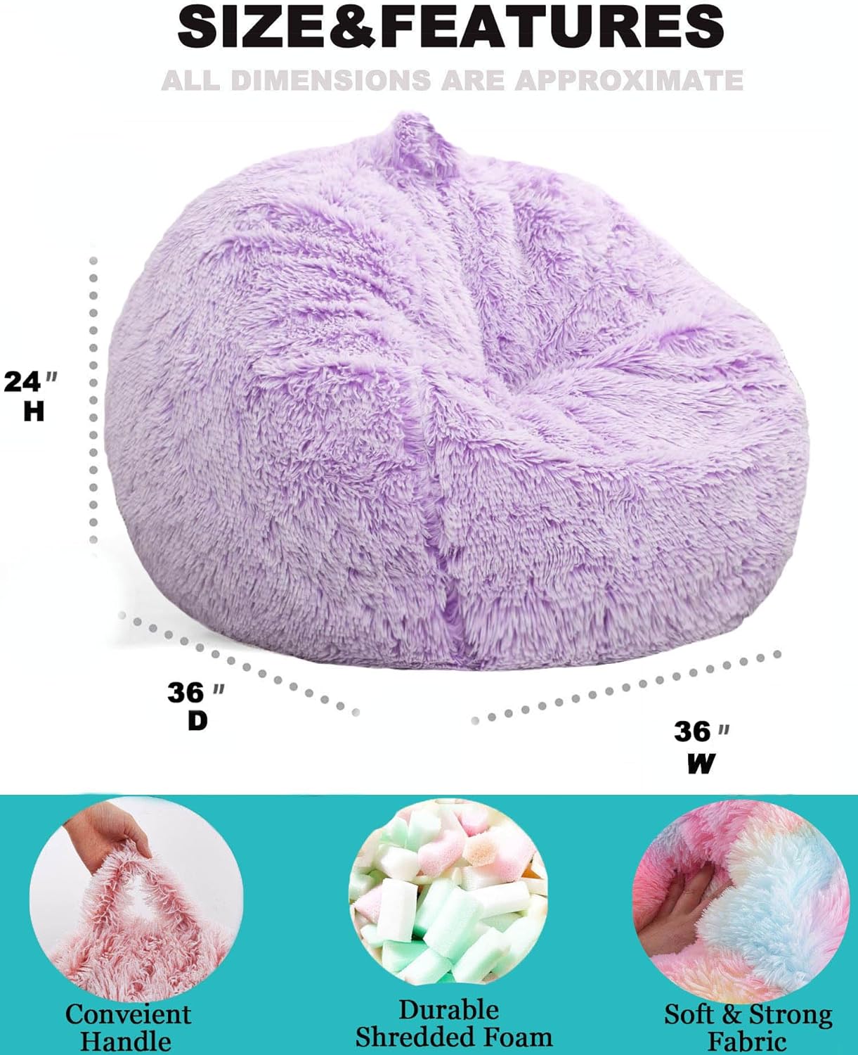 Fluffy Bean Bag Chair, 3FT Round Memory Foam Filled Bean Bag for Teens & Kids, Ultra Soft Faux Fur Fabric Bean Bag Chairs for Playroom, Living Room, Bedroom, Lavender