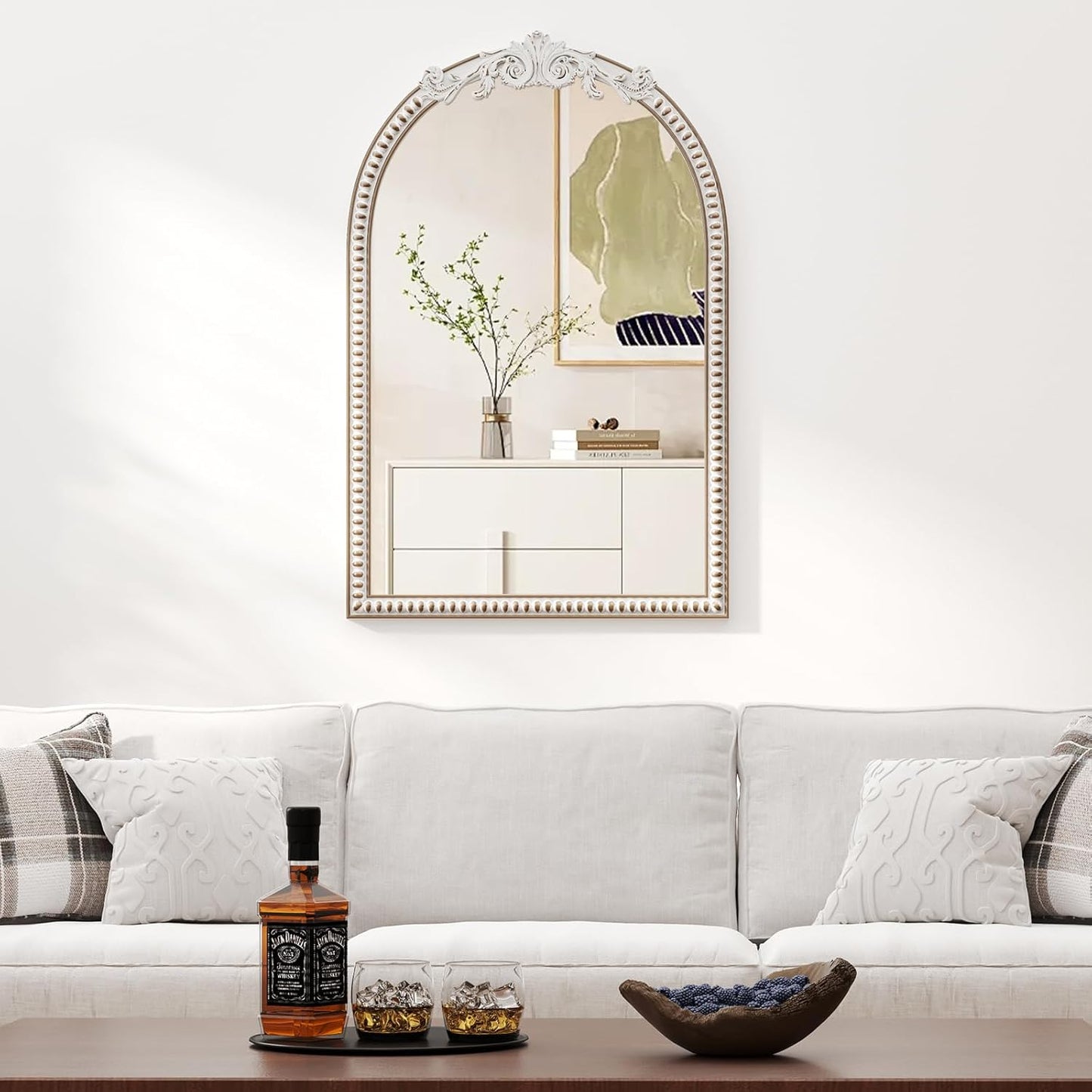 24''x36'' Arched Wall Mirror with Beads Wooden, Vintage Baroque Decorative Arch Mirrors for Entryway, Fireplace, Living Room, Hallway, Bathroom Boho Accent