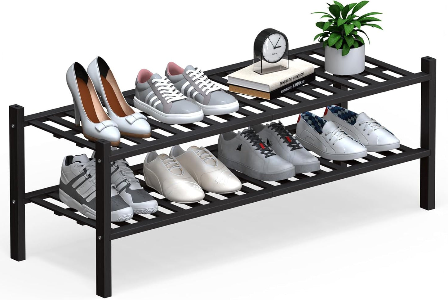 Haddockway Long 2 Tier Bamboo Shoe Rack Storage Organizer, Multifunctional Free Standing Stackable Shoe Shelf with Grid Panel for Closet,Hallway,Entryway,Small Space 34.2"x11"x13"(Black, 2-Tier(Long))