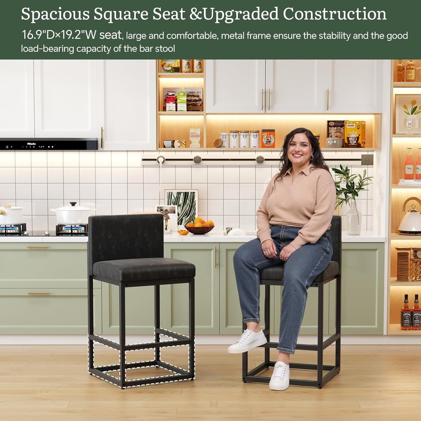 Barstools Set of 2 Black Metal Bar Stools Modern Bar Chairs Pu Leather for Kitchen Island Counter Height Cafe Resturant Stools, 26 Inch