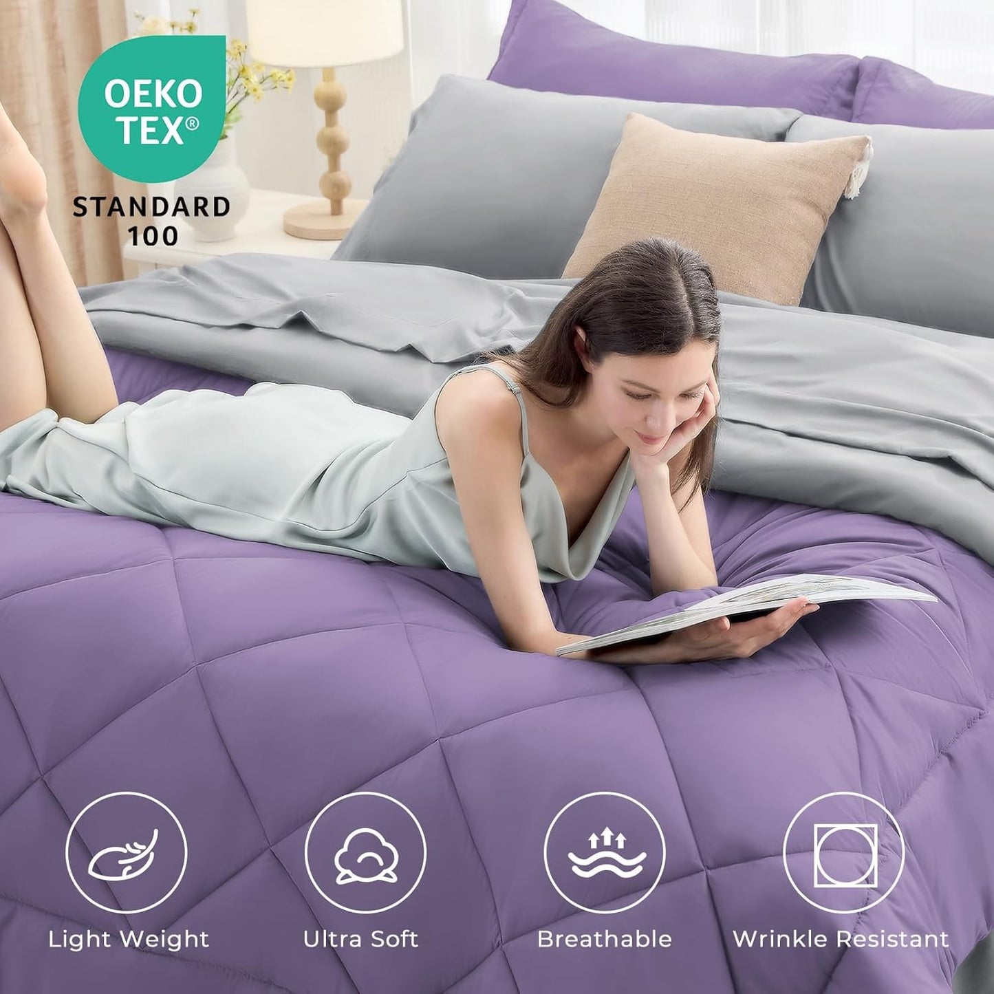 HEVUMYI Queen Comforter Set - 7-Piece All Season Bed in a Bag Queen, Ultra Soft Bedding Set with Comforter, Flat Sheet, Fitted Sheet, Pillowcases, Pillow Shams, Purple & Light Grey