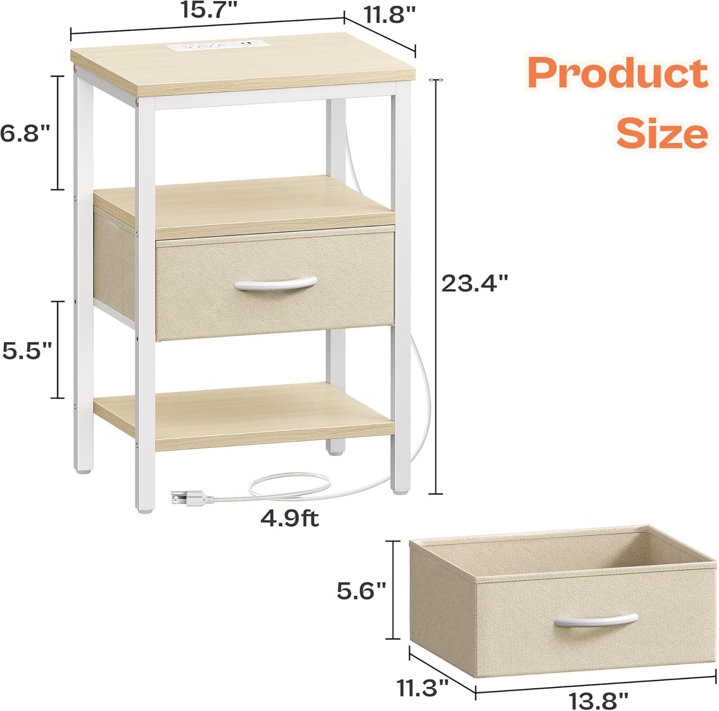 SUPERJARE Nightstand with Charging Station, Bed Side Table with Adjustable Fabric Drawer, Night Stand for Bedroom, 3-Tier Storage End Table, for Living Room, White Maple