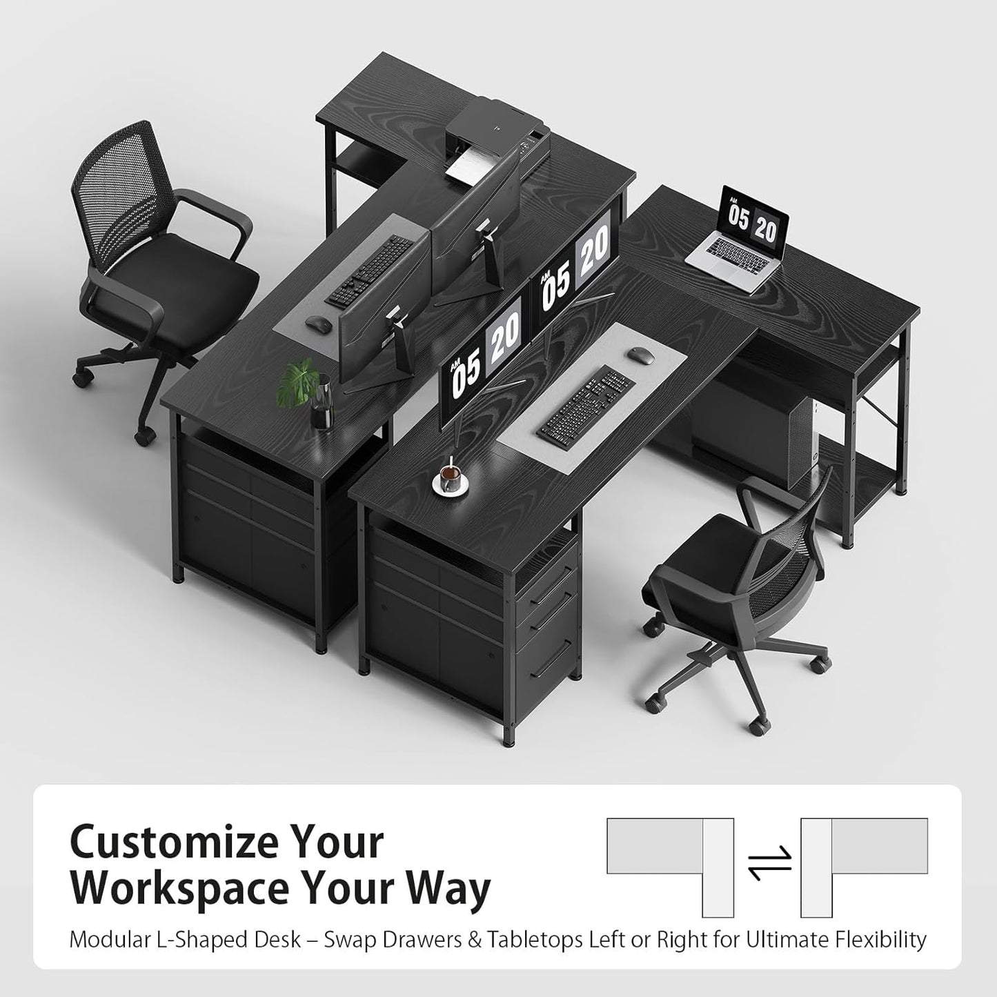 55" Computer Desk with Drawers, Desks for Bedrooms, Writing Desk with Storage, Work Desk for Small Space, Black