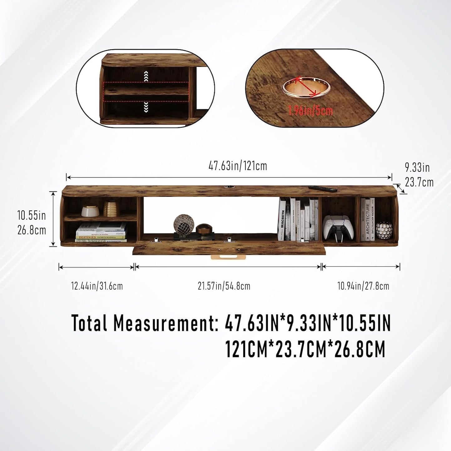 Floating TV Unit, 47'' Wall Mounted TV Cabinet, Floating Shelves with 4 Cabinets, Wooden Entertainment Media Console Center Large Storage TV Bench for Living Room & Office (Rustic Brown)