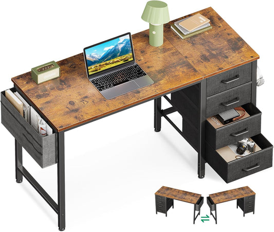 Casaottima 40-Inch Small Desk with 4 Fabric Drawers, Compact Study Desk for Students and Kids, Space-Saving Work Table for Bedroom or Small Spaces, Vintage