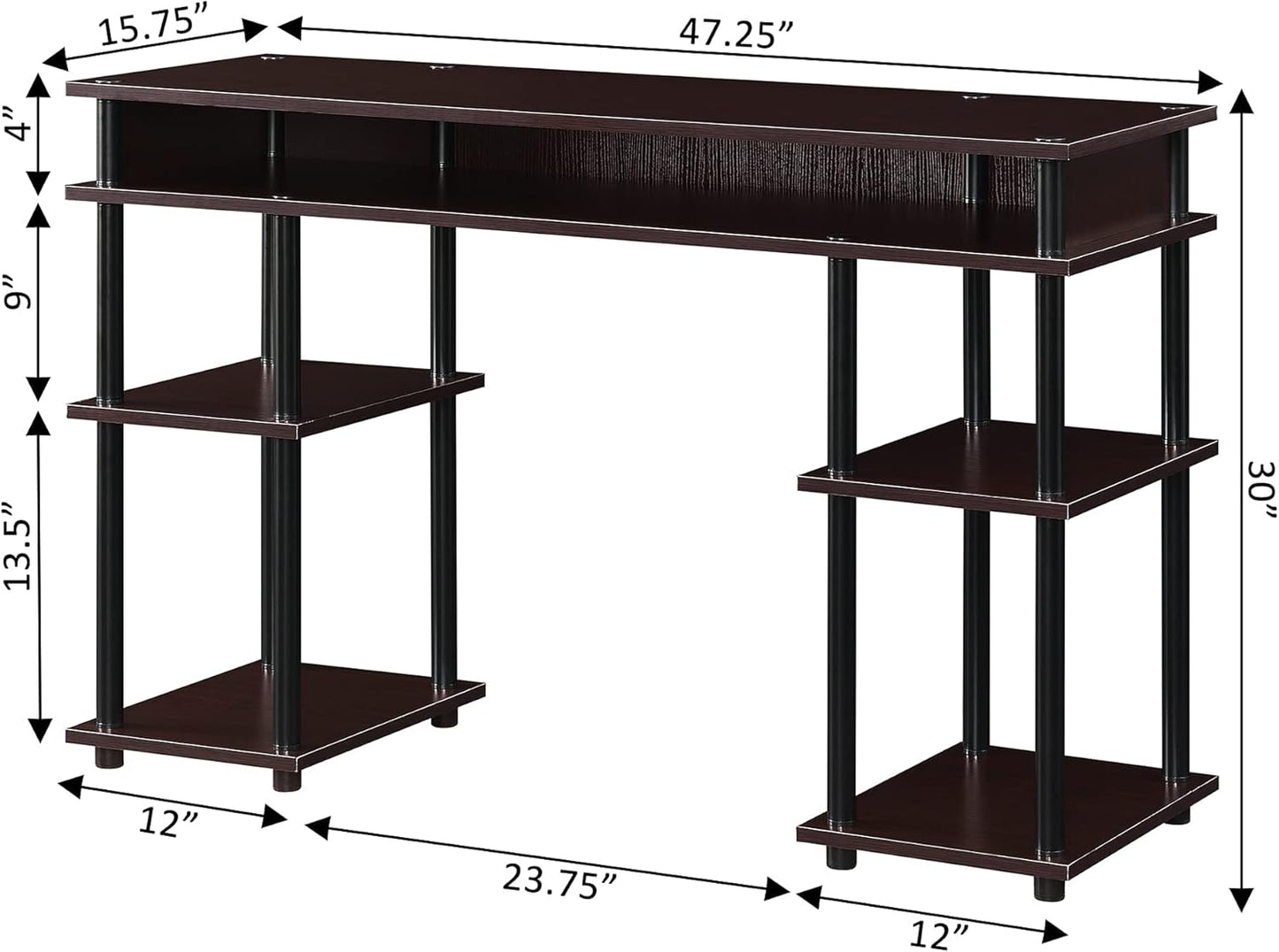 Convenience Concepts Designs2Go No-Tools Student Desk with Shelves in Espresso Wood Finish