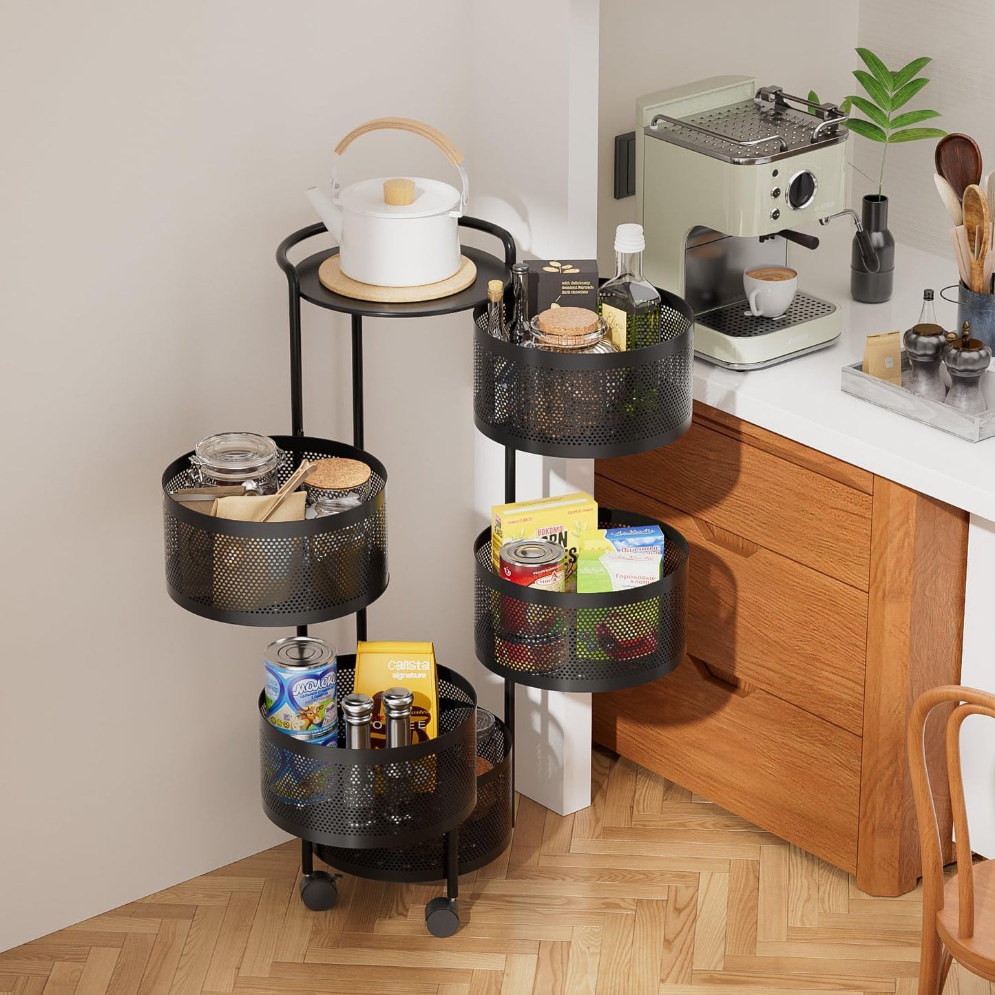 JAQ Rotating Fruit Basket, 5-Tier Metal Sturdy Kitchen Storage Rack Shelf Carts No Assembly on Rolling Wheels for Fruit Vegetable Grocery Corns Potato Onion (5-Tier, Black)