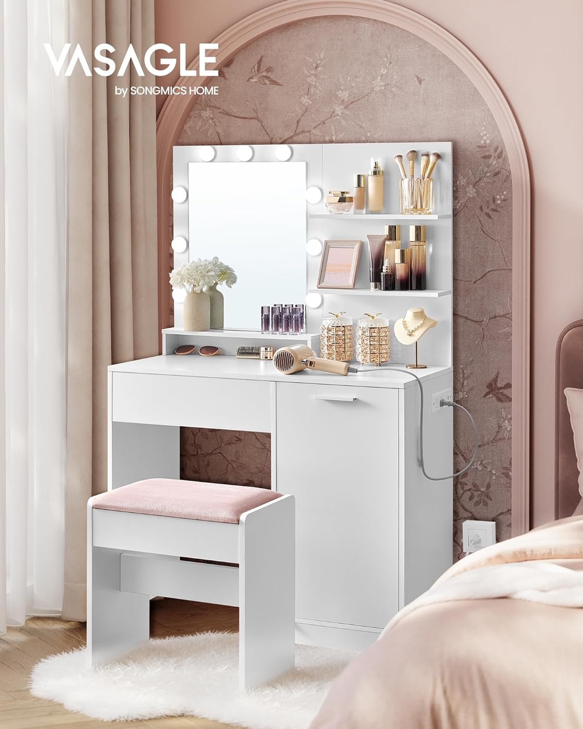 VASAGLE Vanity Desk with Mirror and Lights, 35.4-Inch Wide Makeup Vanity with Upholstered Vanity Stool, Power Outlets, Dimmable LED Lights, Storage Drawer, for Bedroom, Cloud White URDT128W01