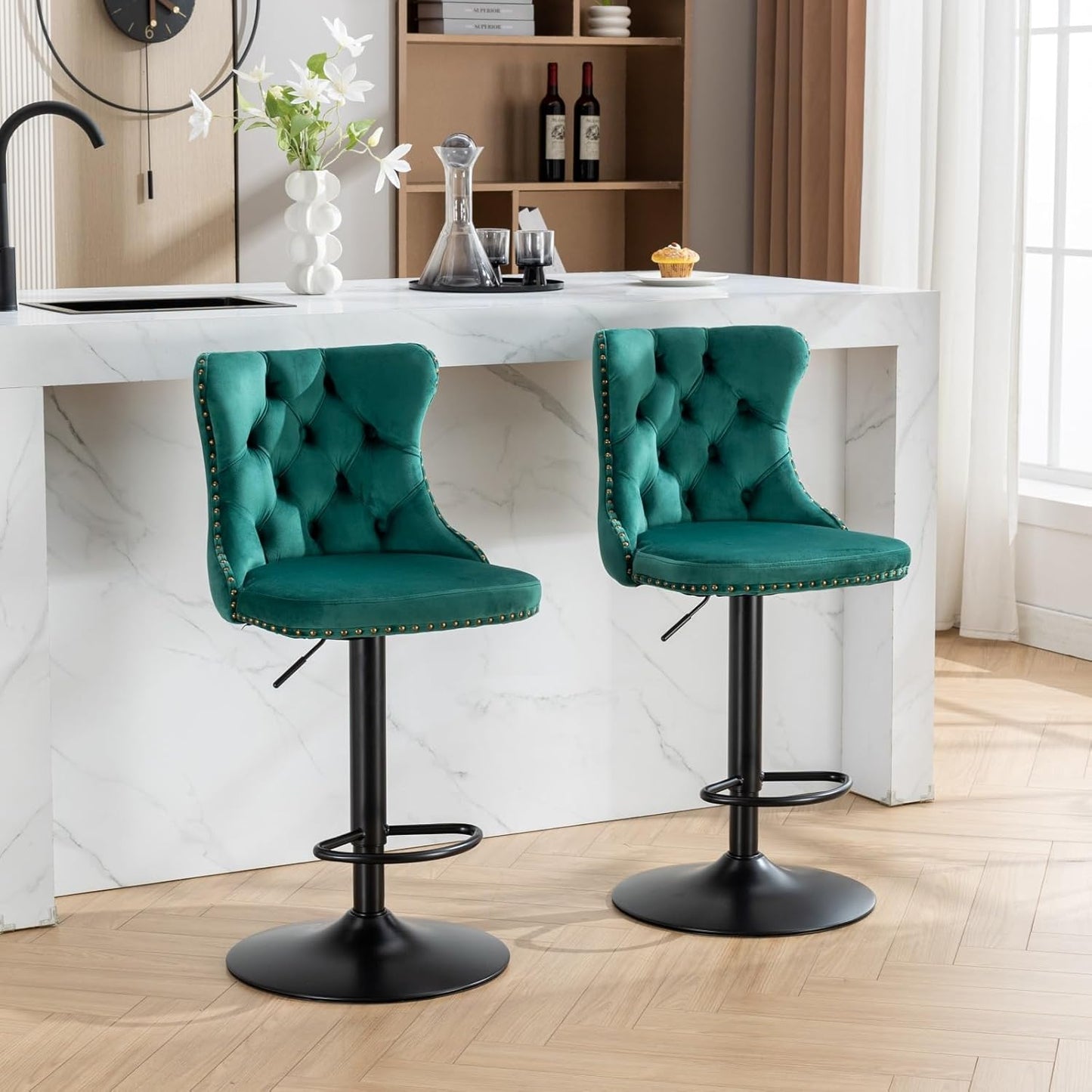 PacknWood Acosure Swivel Velvet Bar Stools Adjusatble Seat Height from 25-33" with 17.7" Base, Modern Upholstered Chairs W/Backs Comfortable Tufted,for Home Pub,Kitchen,Green,Set of 2