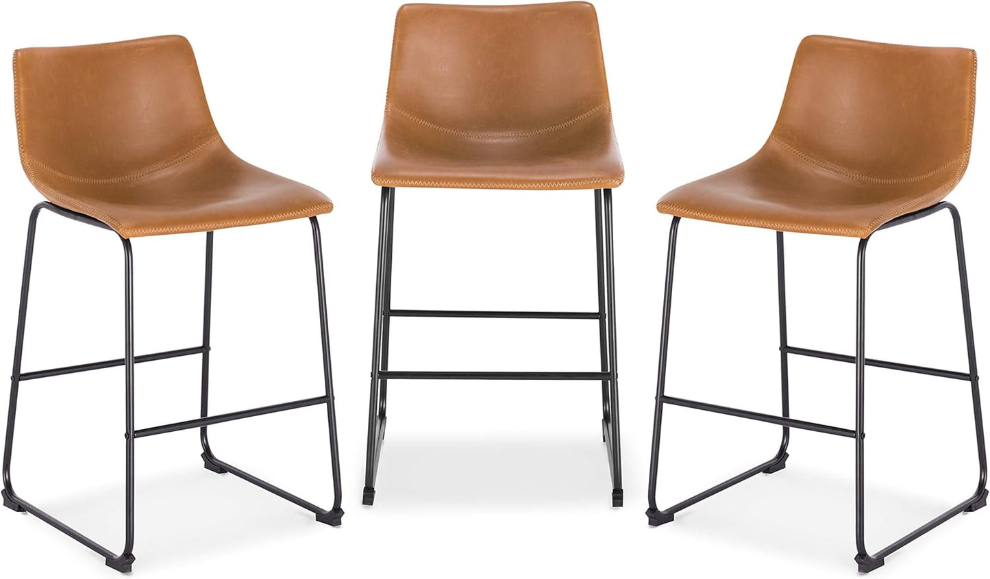 POLY & BARK Bar Stools Set of 3 – 34" Counter Height Chairs with Back, Tan PU Leather Seats with Metal Legs, Modern Industrial Style for Kitchen Island
