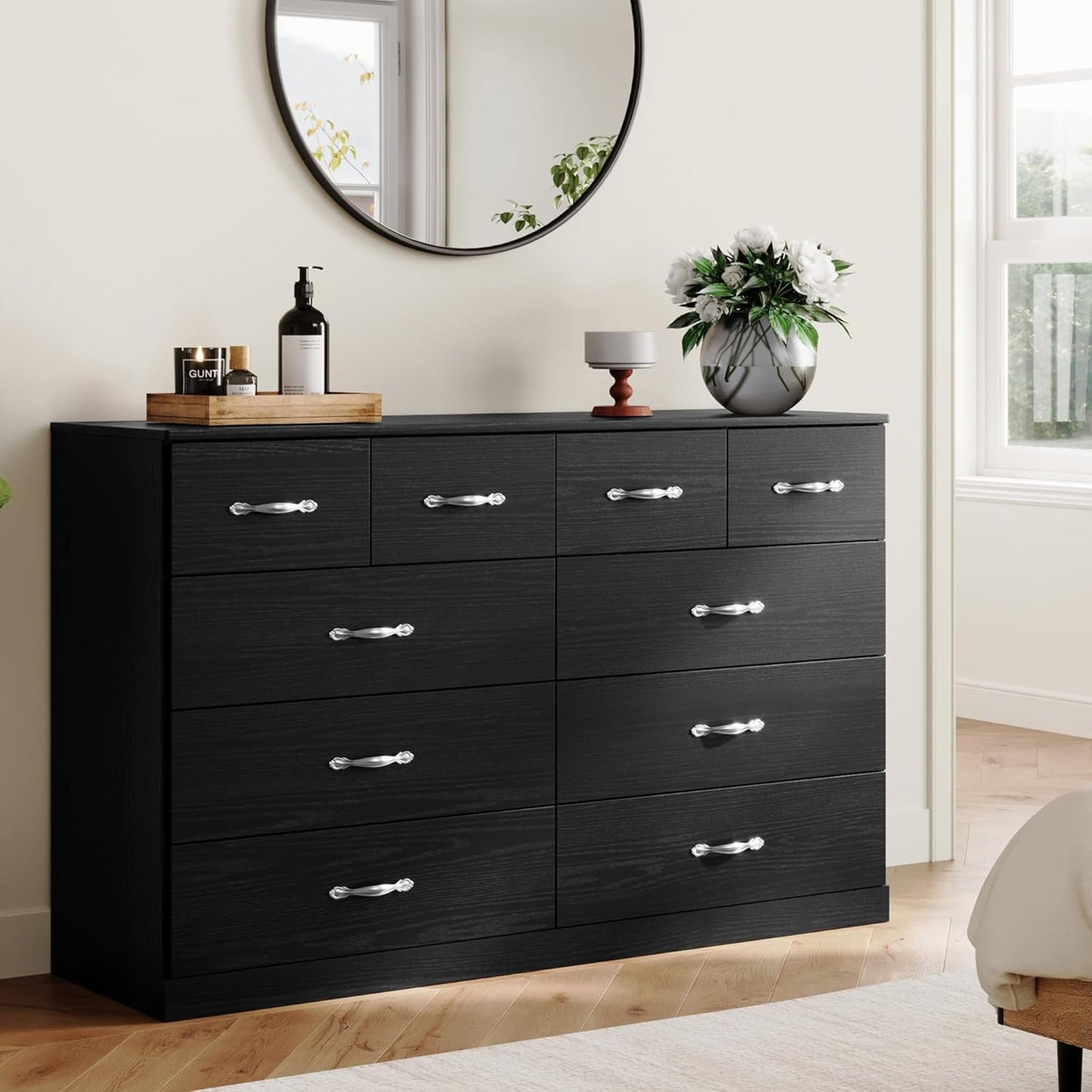 LINSY HOME 10 Drawer Dresser for Bedroom, 54" Wide Chest of Drawers, Modern TV Stand Dressers with Wood Frame and Metal Handles, Large Drawer Organizer for Bedroom, Living Room, Black