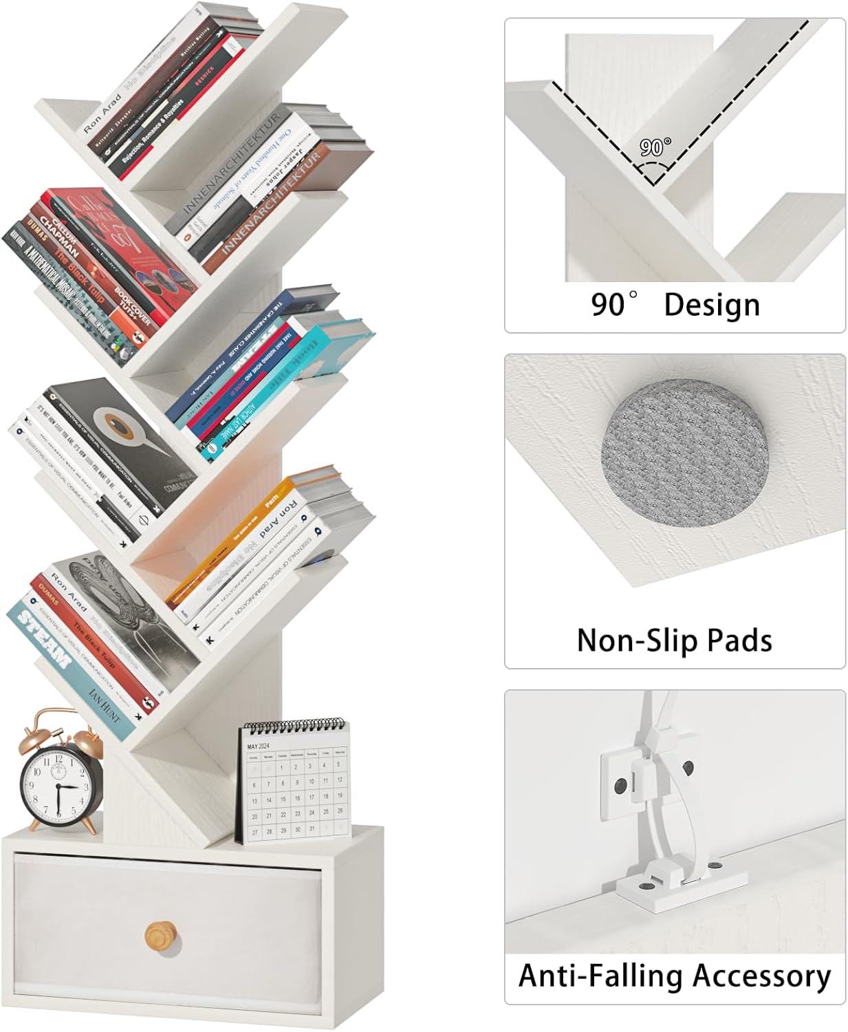 8 Tier Tree Bookshelf with Drawer, Free Standing Wood Bookcase for Narrow Space, Storage Organizer Bookshelves for Books, Book Case for Home Office, Living Room, Bedroom - Sweet White