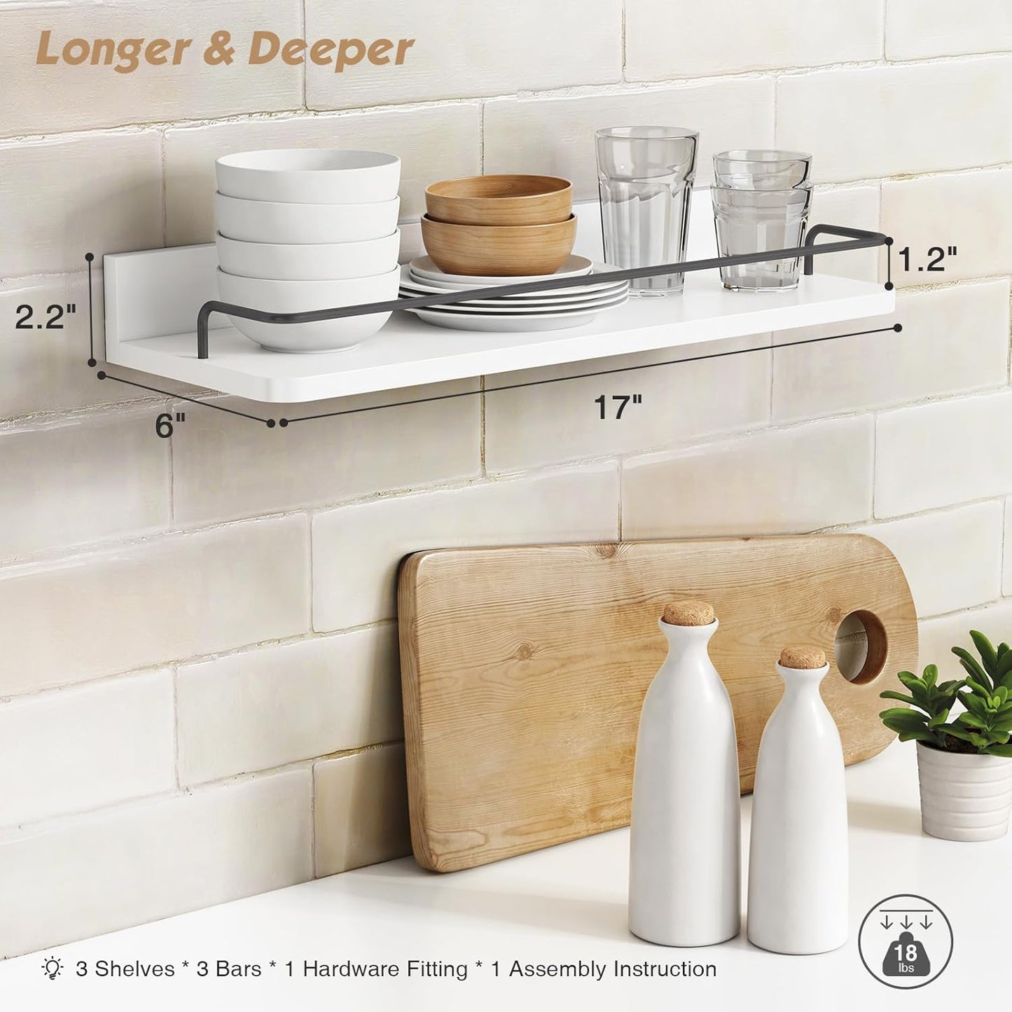 Forbena White Floating Shelves Bathroom Shelves Over Toilet Set of 3, Bathroom Organizers and Storage Shelves Wall Mounted, Modern Wood Corner Wall Shelf for Bedroom Closet -White and Dark Grey