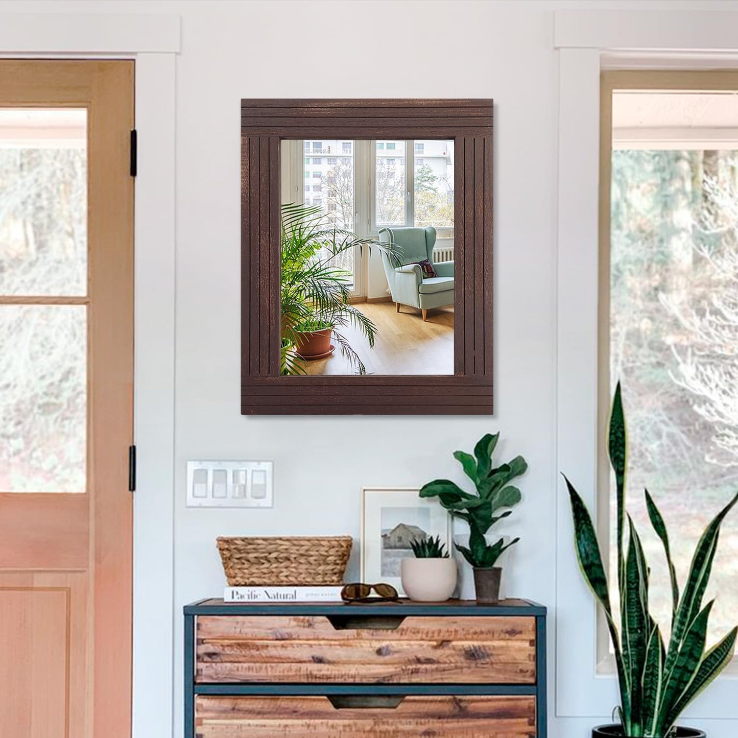 Mirrors for Wall Rustic Wooden Frame Rectangle Mirror Vintage Hanging Mirror for Bedroom Bathroom Living Room Farmhouse Wall Decor Brown Large 20" x 16 "