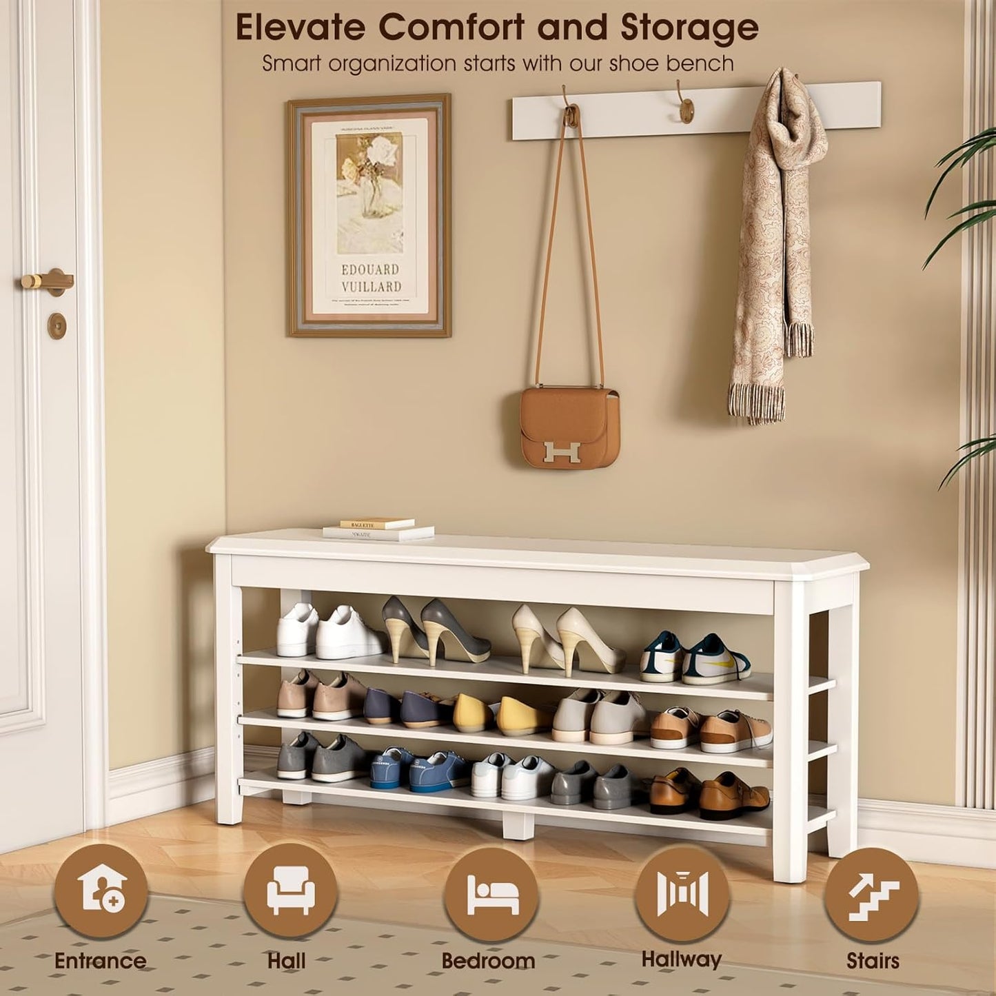 Shoe Rack Bench Seat Rubberwood 3-Tier Wooden Storage Bench 550lbs Compact Mid-Century Modern Design for Entryway, Hallway, Closet, Front Door Entrance, Foyer