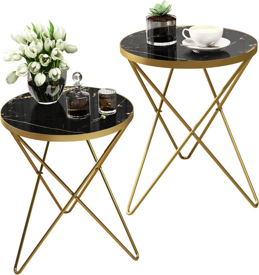 HLR Modern Round Side Table Set of 2, End Table with Marble Effect Top and Gold Metal Frame, Small Side Table for Living Room, Bedroom, Sofa and Couch, Gold Legs, Black Marble top