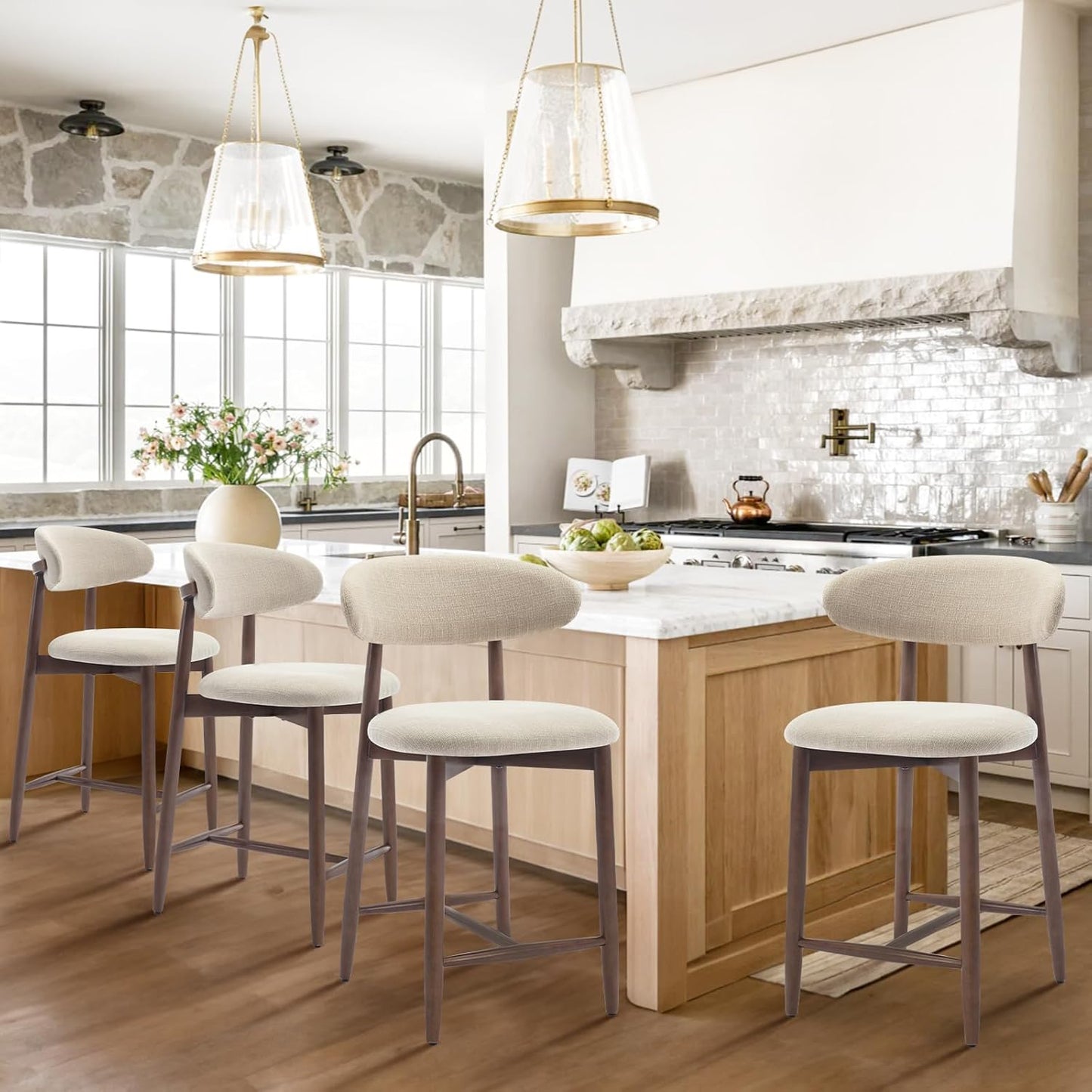 COLAMY Counter Height Bar Stools Set of 4, Kitchen Bar Stools with Back, Mid Century Modern Upholstered Bar Stools with Wood Legs for Kitchen Island Dining Room Bar, Beige